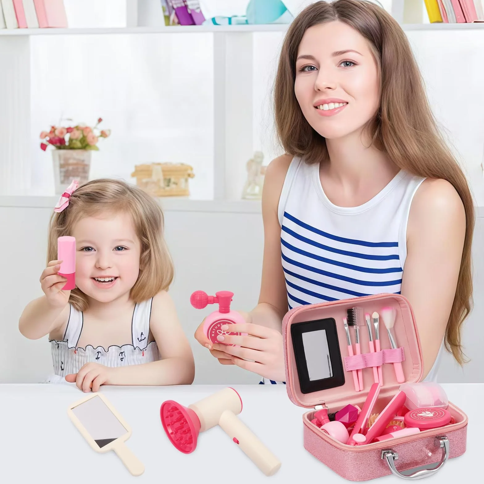 Coffret de Coiffure Rose pour Enfants, Sèche-Cheveux, Lisseur, Peigne, Jeu de Rôle, Cadeau Fille 3 Ans+