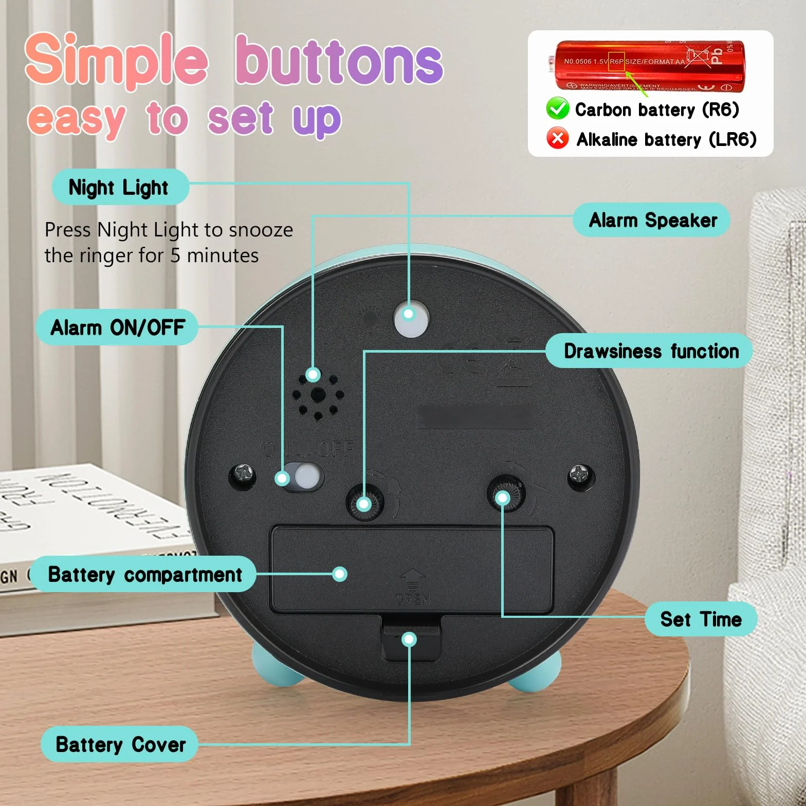 Reveil Enfant Educatif Jour/Nuit sans Tic-Tac avec Snooze et Veilleuse, 5 Decorations