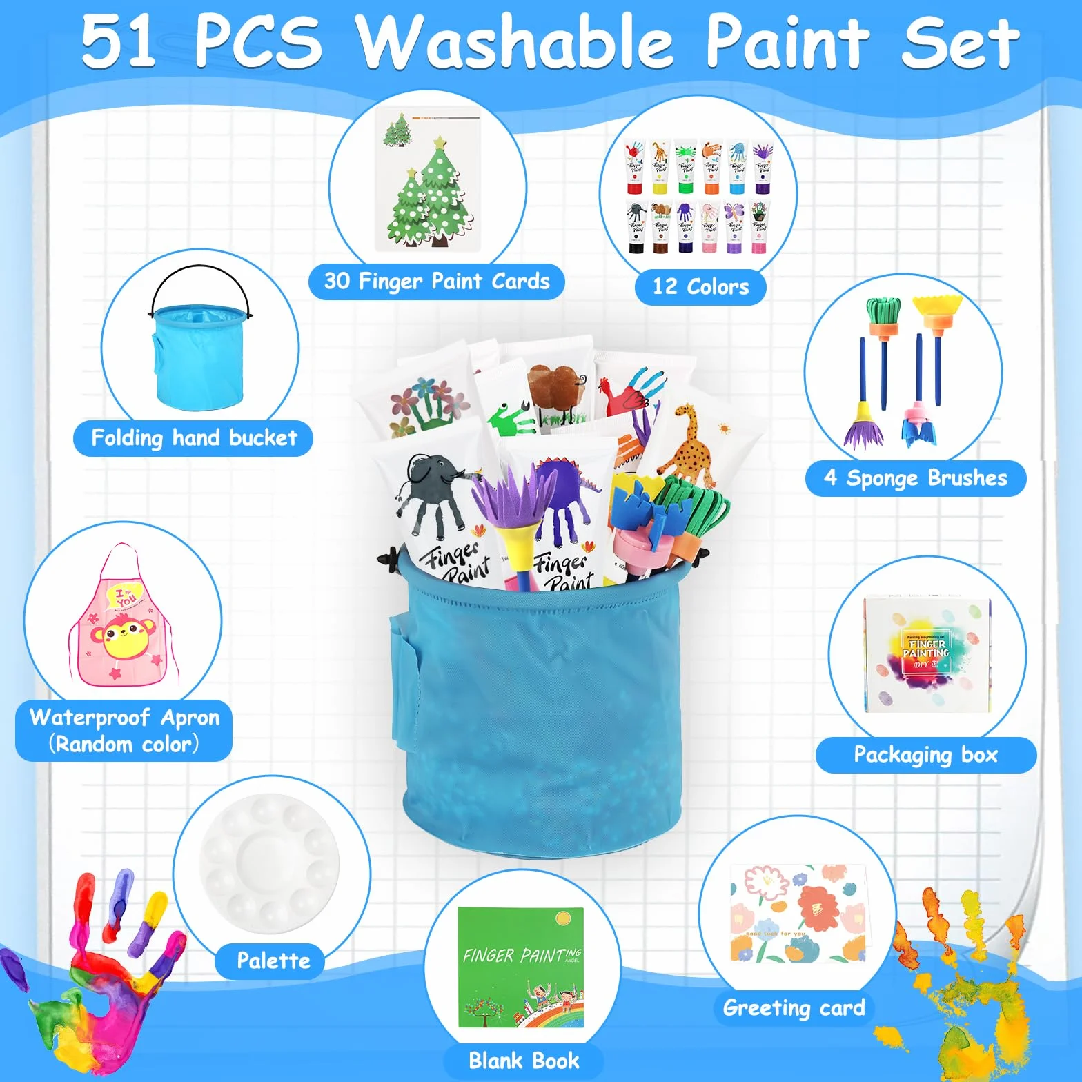 USHOP Kit Peinture au Doigt Lavable Enfants 51Pcs Non Toxique 12 Couleurs avec Pinceaux Palette Tablier