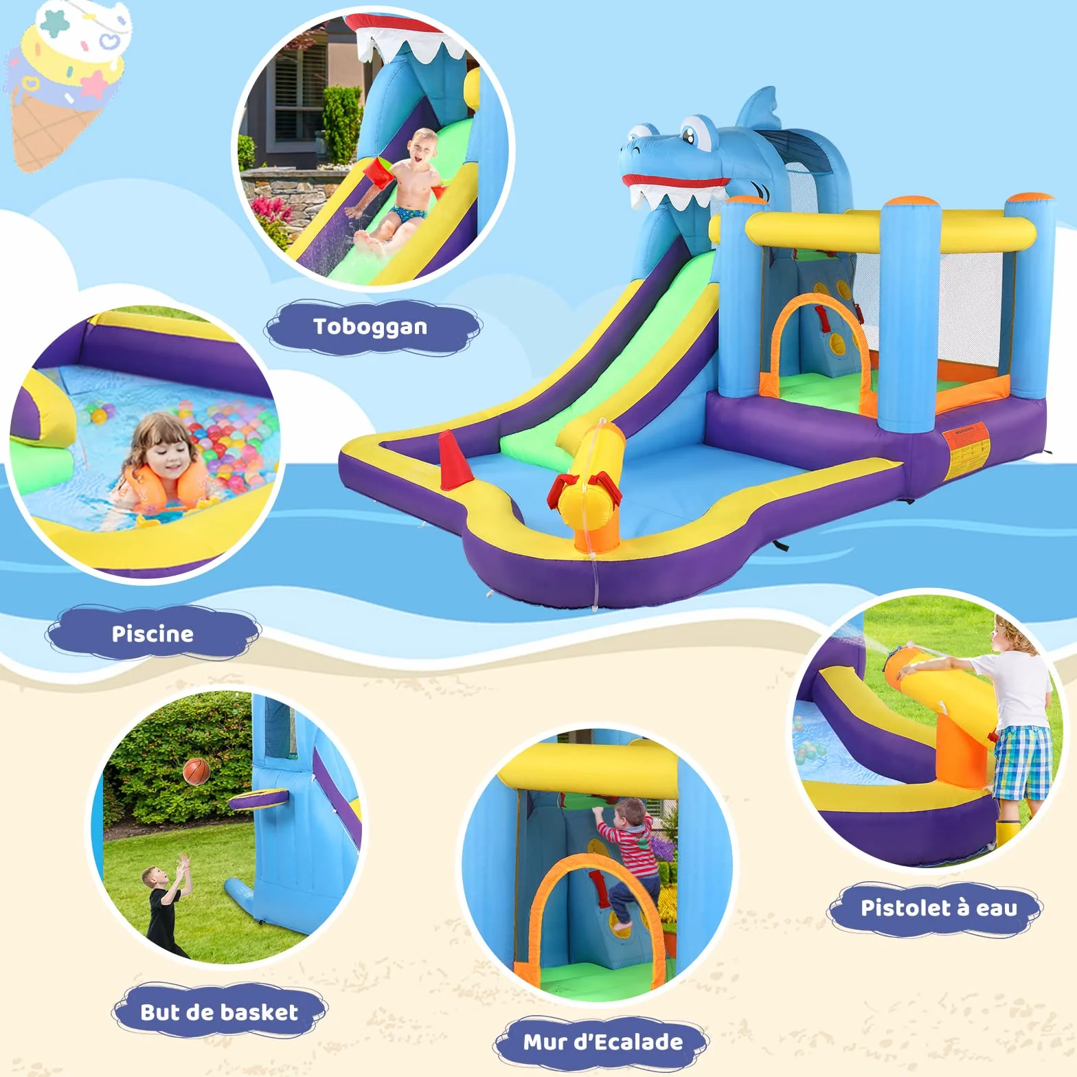 LEADZM Château Gonflable Parc Aquatique Thème Requin avec Trampoline Toboggan Piscine Pistolet à Eau 380x260x240 cm