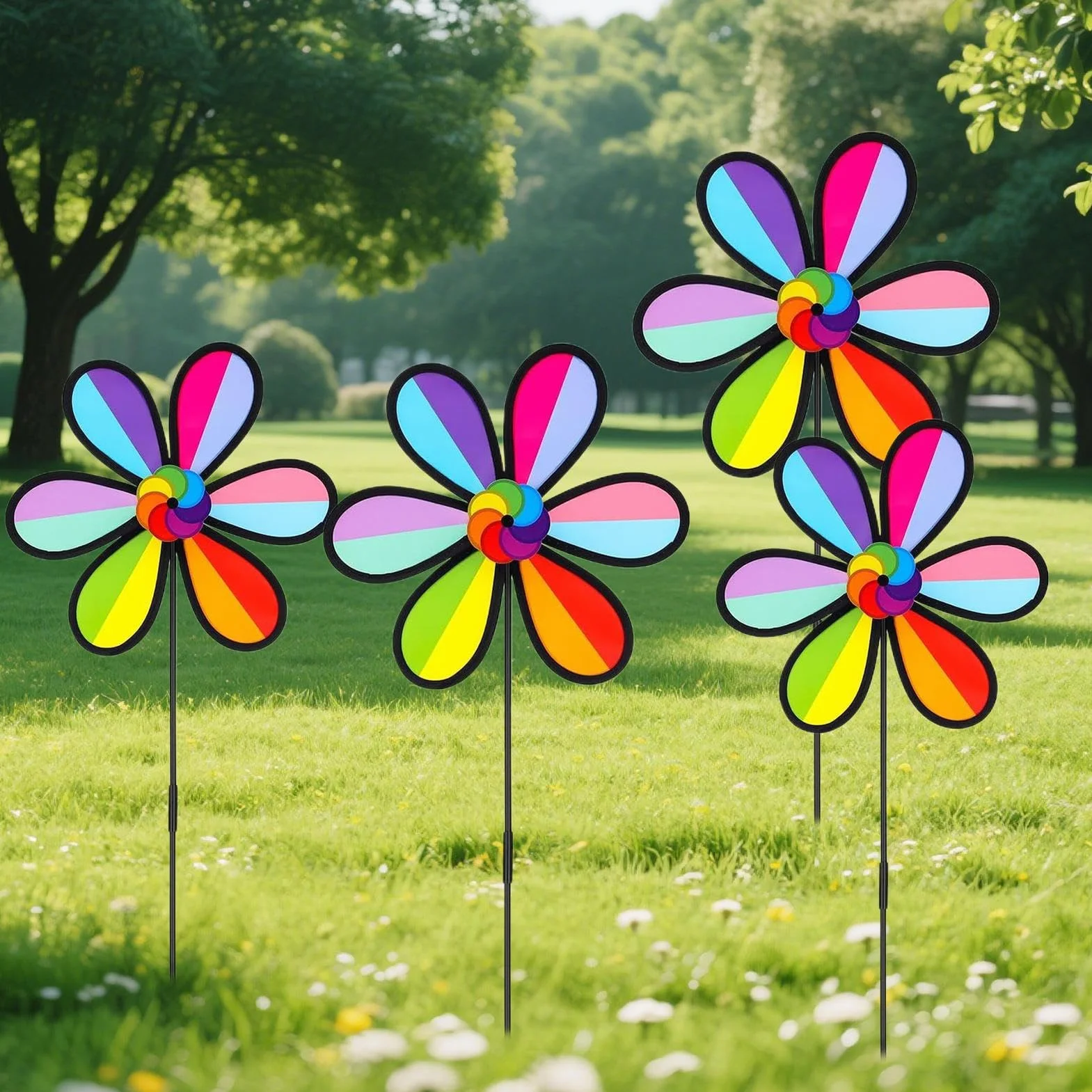 Lot de 4 moulins à vent d'extérieur en forme de pétale – Résistants aux intempéries, décoration jardin patio terrasse