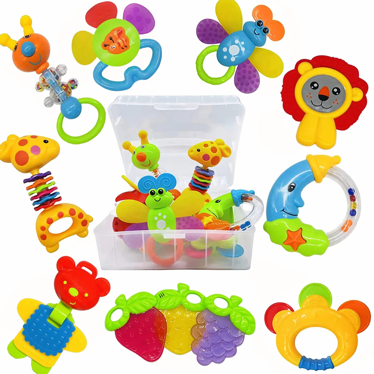 AIVIAI Hochet Bébé Jouet de Dentition Ensemble 11 Pièces avec Boîte de Rangement pour Nouveau-né 0-12 Mois