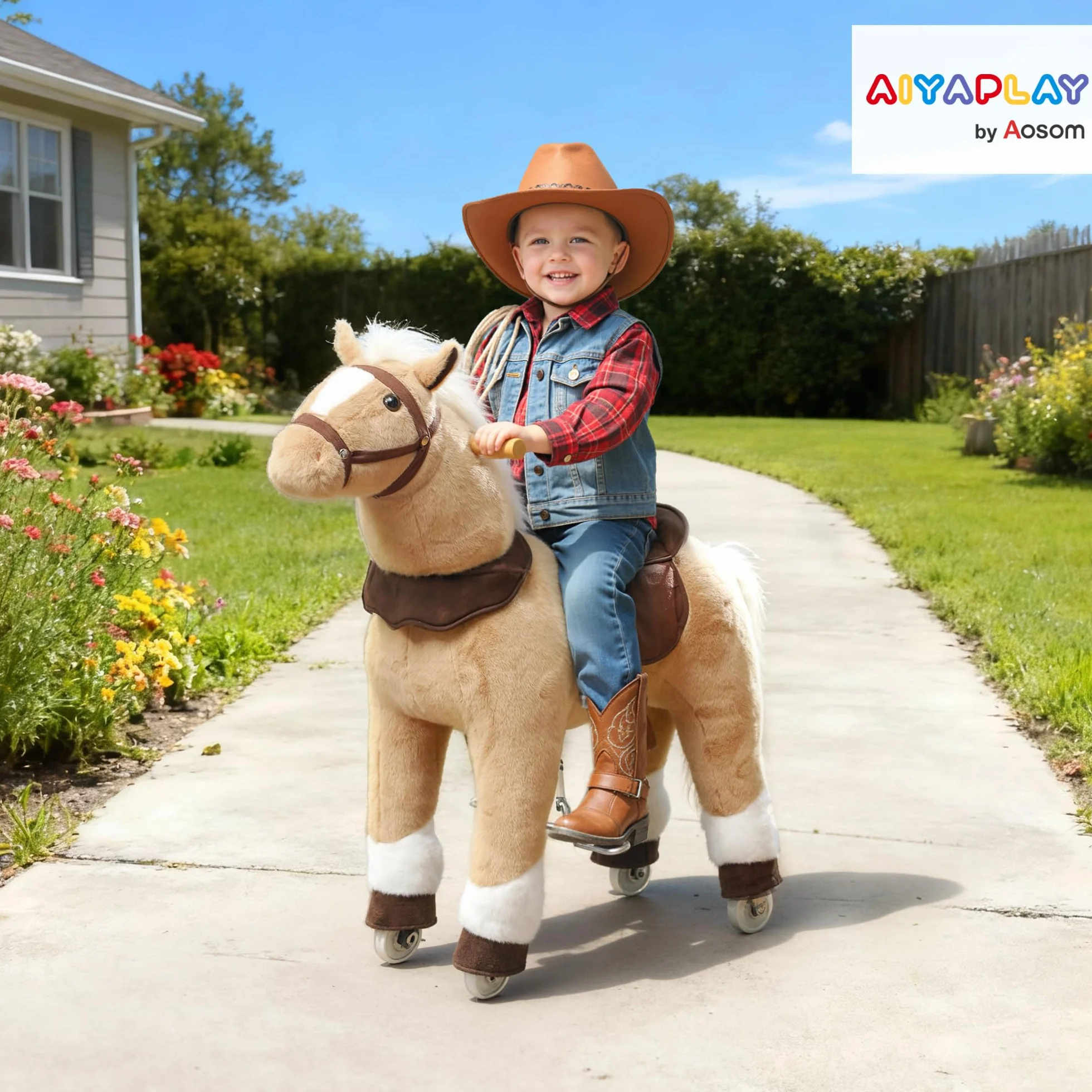 AIYAPLAY Cheval à Bascule en Peluche sur roulettes, avec Selle et Harnais, pour Enfant 3-5 Ans, Charge Max 25 kg, Marron