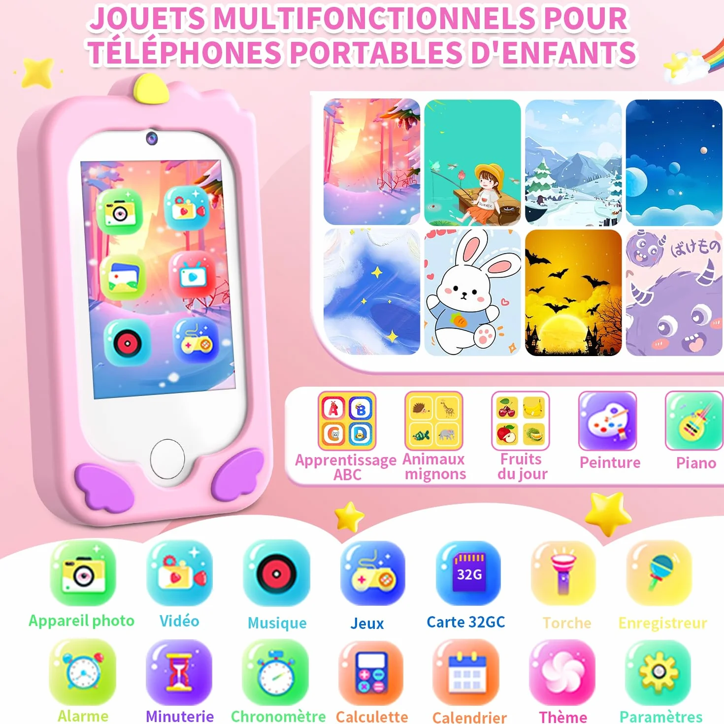 CHAKEYAKE Telephone Enfant avec Double Caméra, 2,8" Tactile écran, 32GB Carte, Jouet Apprentissage pour Filles 3-10 Ans