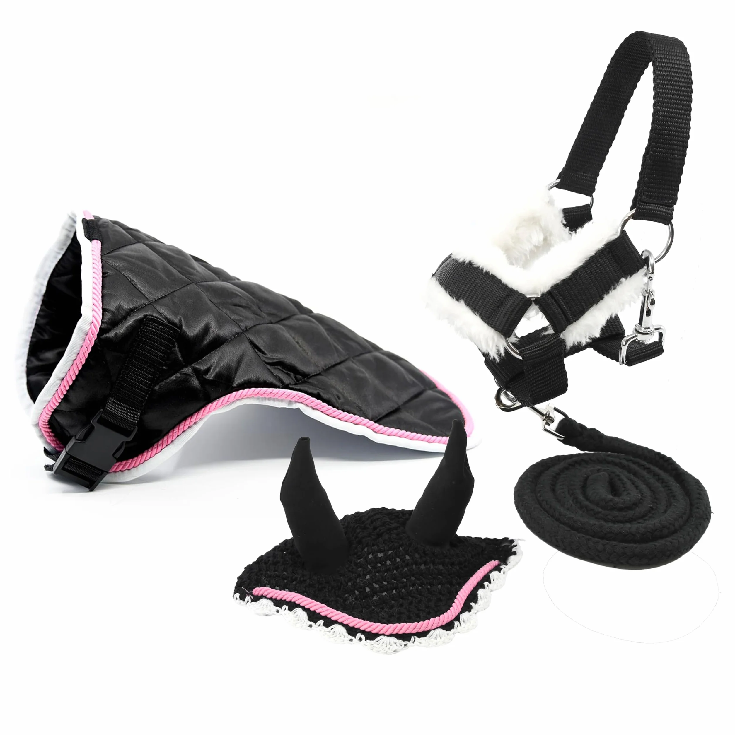 Ensemble d'accessoires Noir et Rose pour Hobby Horse et Cheval bâton : Licol moumoute avec Longe, Couverture, Bonnet Anti-Mouches