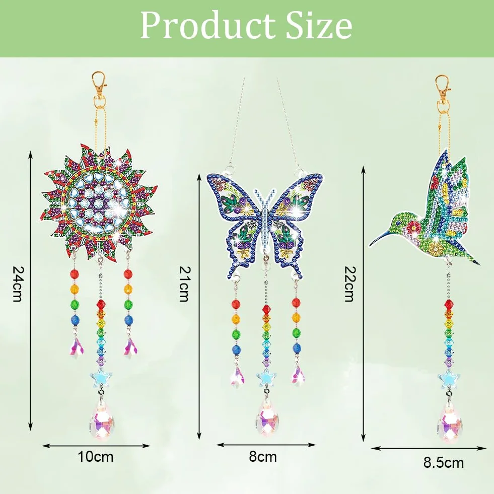 Aolso Carillon à Vent en Cristal 5D Diamant Peinture 3 Pièces DIY Strass Double Face Papillon