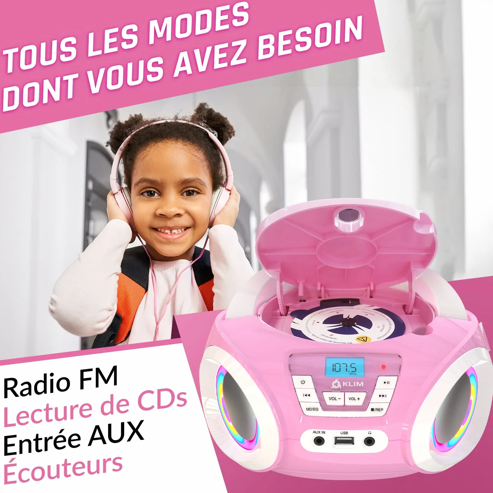 KLIM Candy Lecteur CD Enfant Radio FM Rose avec Haut-parleurs