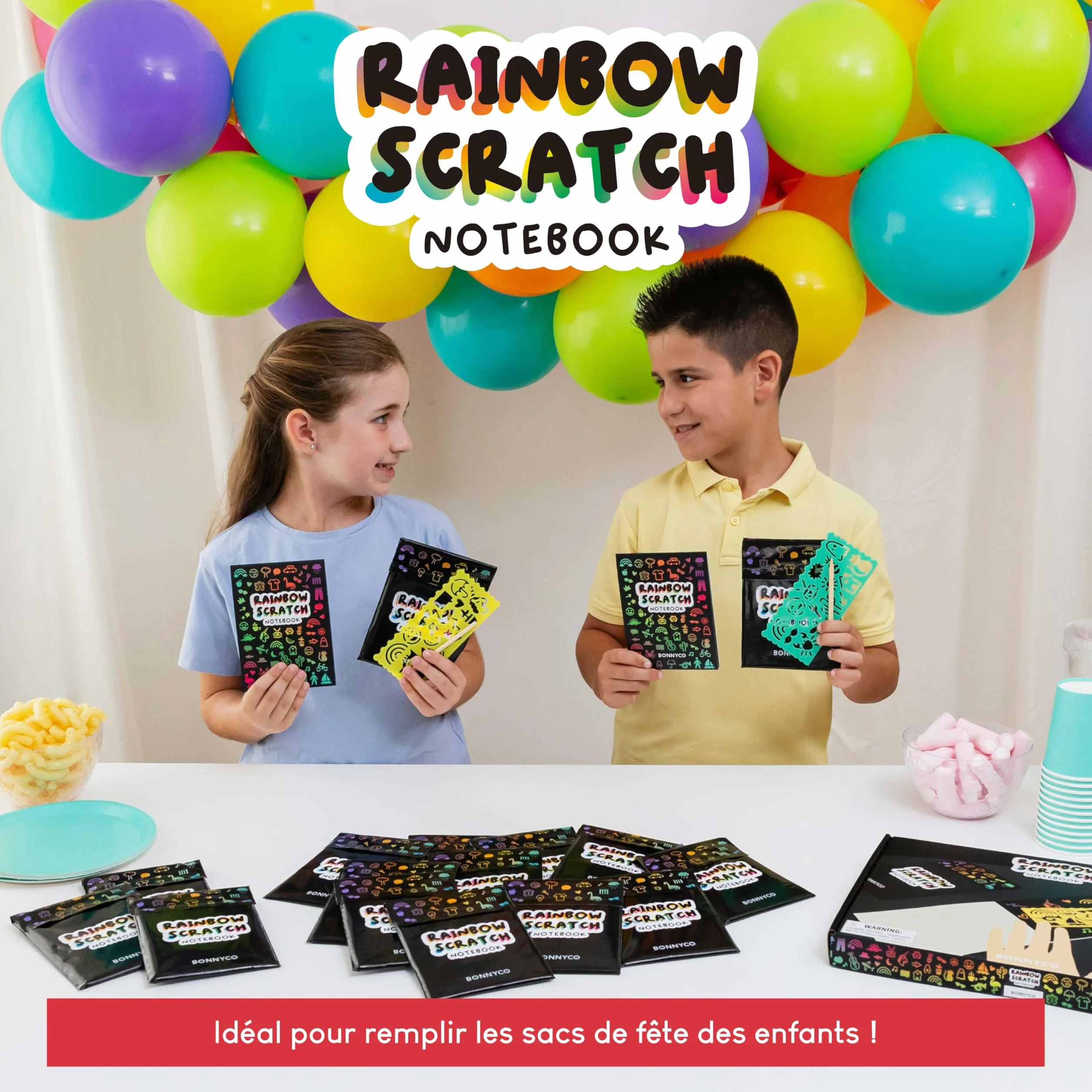 BONNYCO Carte a Gratter Enfant 16 Sets avec Carnet, Pochoir et Stylet en Bois