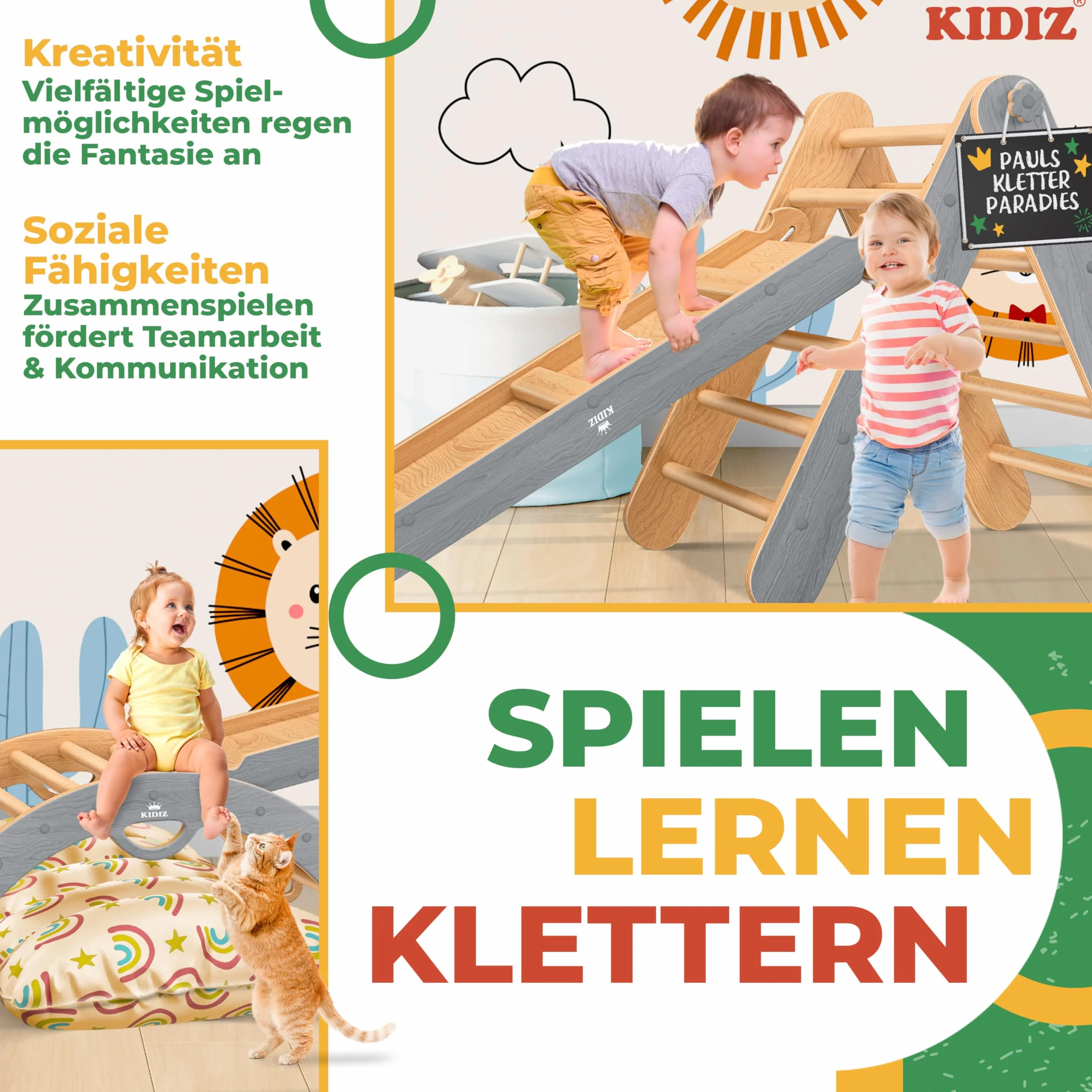 Kidiz Ensemble de jeu Montessori 7en1 avec structure d'escalade, toboggan, triangle d'escalade en bois | Aire de jeux intérieure