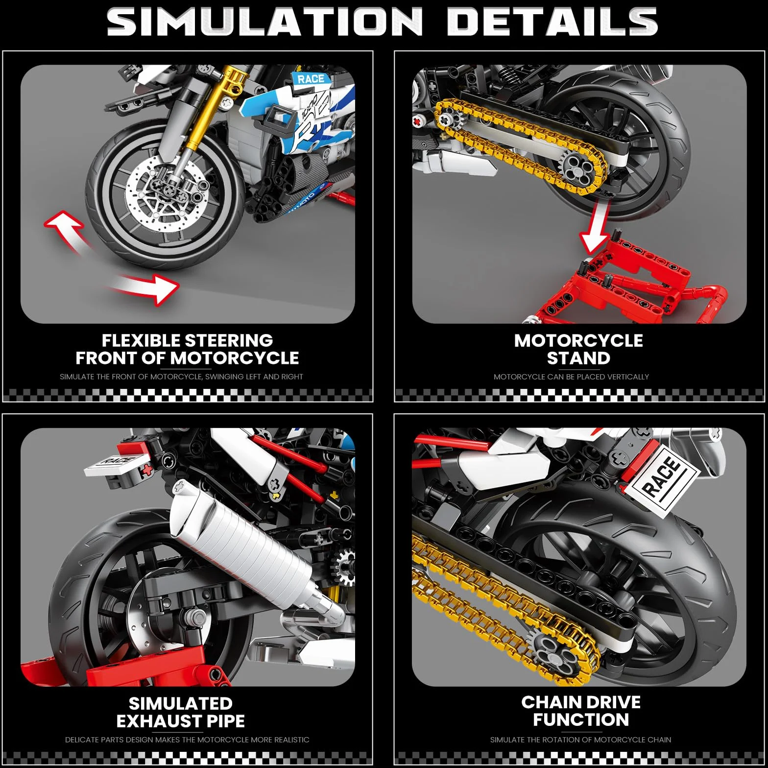Reobrix Jouet de construction Moto 1000 RR Adultes, Set de briques Technics 1:8, 99040 Modèle de super-moto avec support (949 pièces)