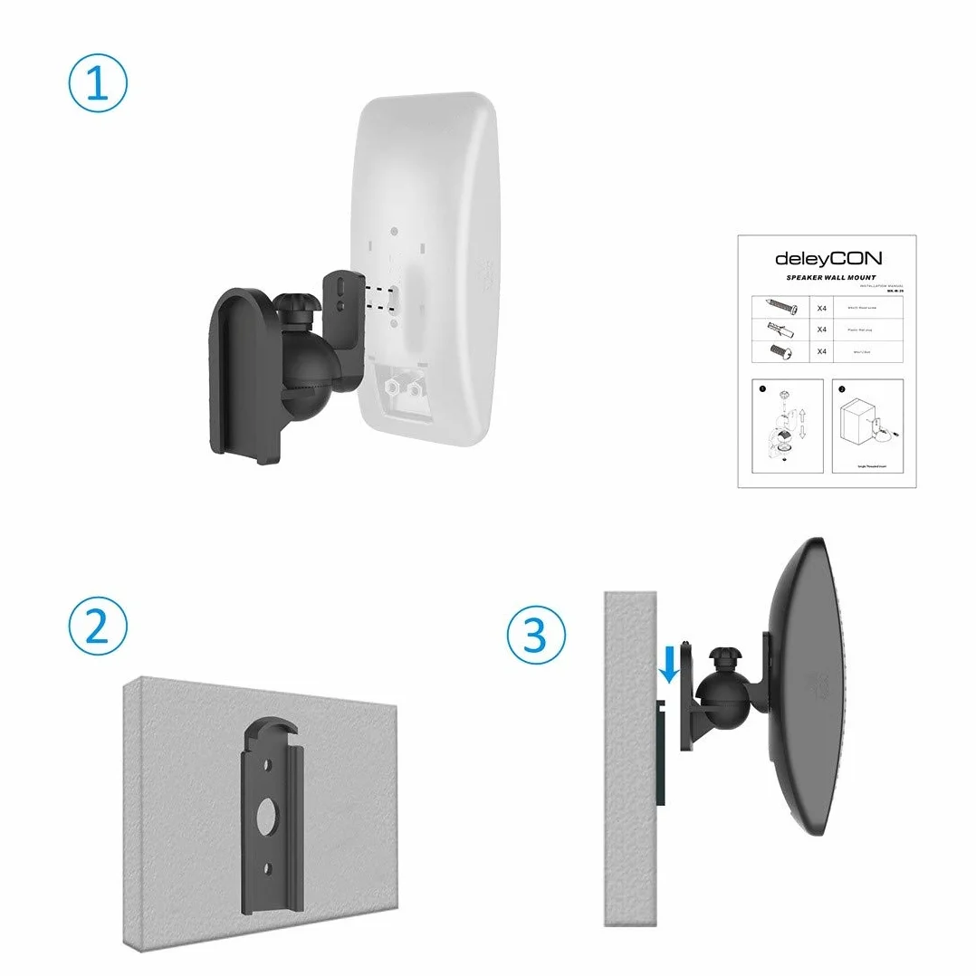 deleyCON Support Mural Universel pour Enceintes Fixation Rotation Inclinaison Charge Max. 3,5kg Noir