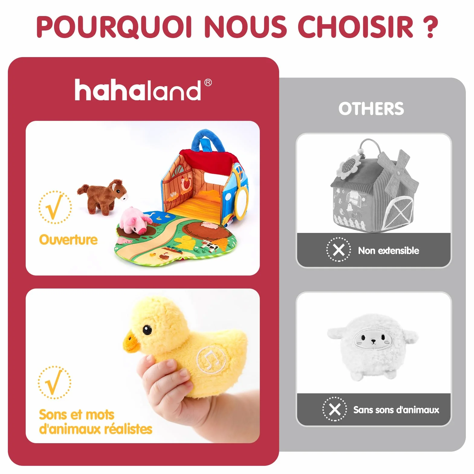 hahaland Jouets pour Bébé 6-12 Mois - Jouet de Ferme Animal en Peluche avec Vrais Sons, Jouets Montessori Sensoriel Cadeau Enfant