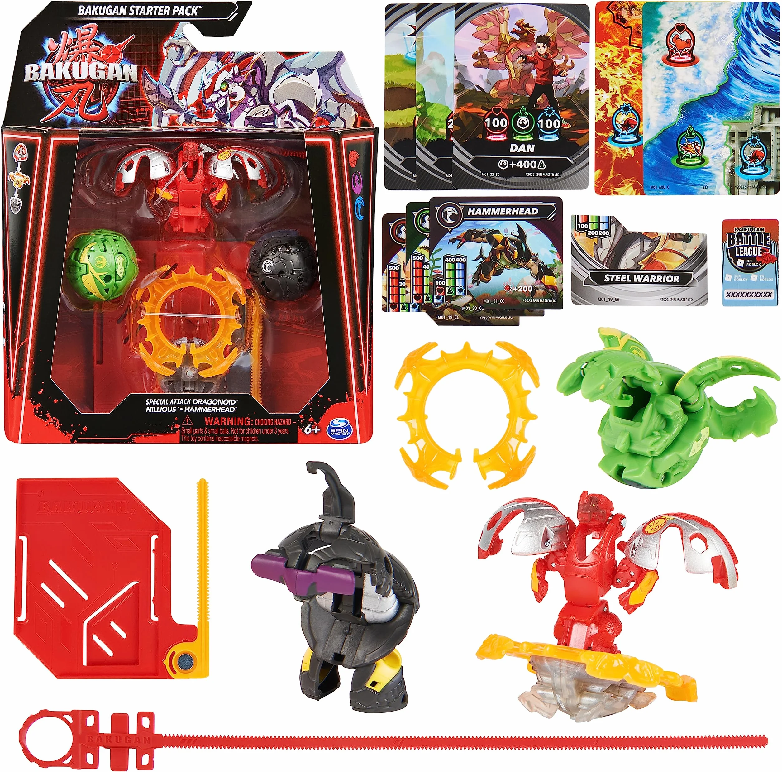 BAKUGAN 3.0 Starter Pack Nouvelle Génération Nillious Hammerhead Dragonoid Special Attack Anneau Combat Carte Lanceur 9 Cartes Jouet Enfant 6 Ans+