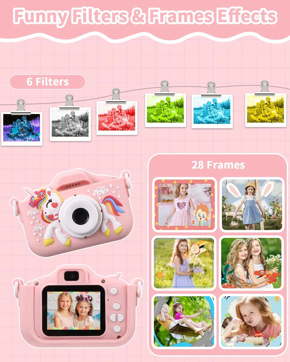 Appareil Photo Numérique Enfant 2.0 Pouces HD 1080p 64Go Carte SD Rechargeable Cadeau Filles Garçons 3-10 Ans
