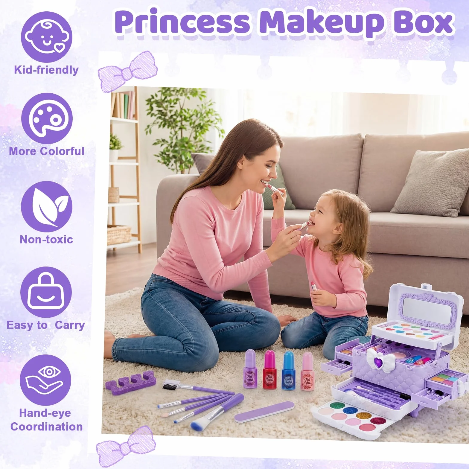 Chennyfun 53 Pcs Maquillage Enfant Jouet Filles, Lavable Malette Maquillage Valise Beauté Cadeau Noël Anniversaire 3-7+ Ans