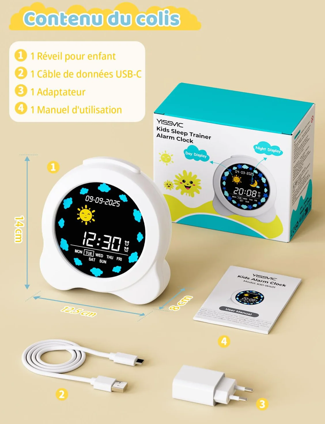 YISSVIC Réveil Enfant Jour Nuit Éducatif 2 Alarmes 12/24 Heure Snooze Luminosité Réglable