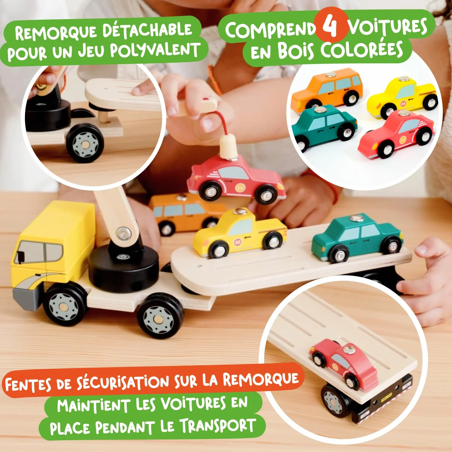 Camion Magnétique en Bois Nene Toys avec 4 Voitures et Grue – Jouet Montessori dès 2 Ans – Véhicules Interactifs Éducatifs