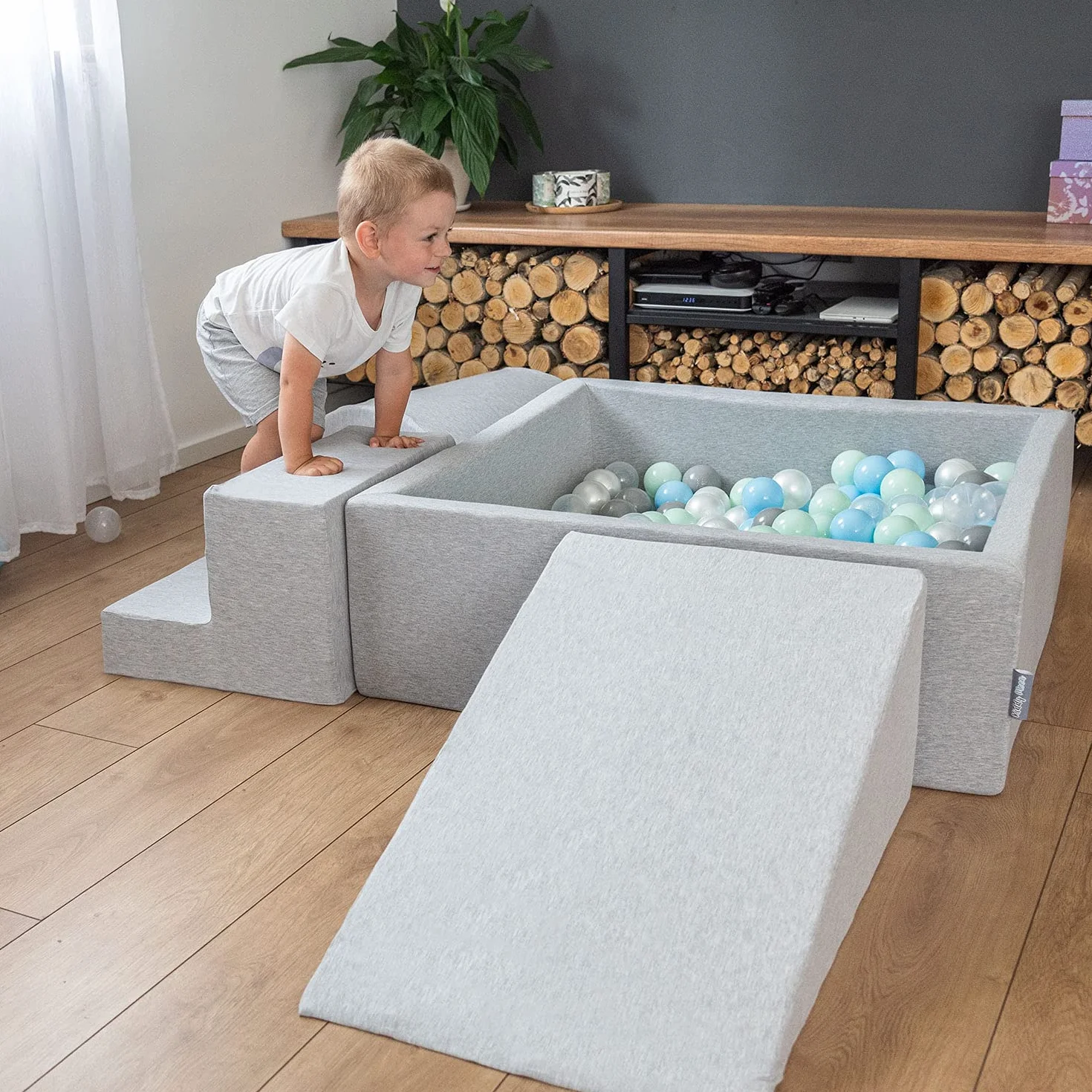 KiddyMoon Aire De Jeux en Mousse Parc Modulable pour Enfants avec Housses Amovibles, Gris Clair