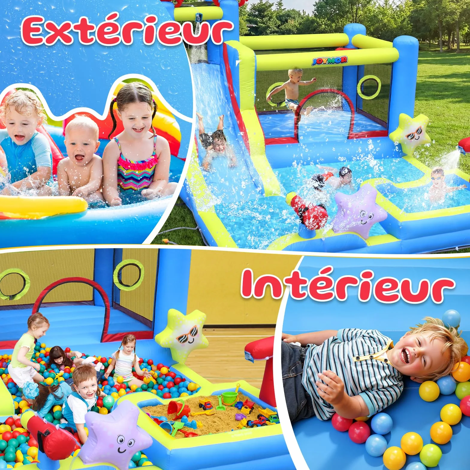 Bonnlo Chateau Gonflable avec Piscine Toboggan Mur d'escalade Trampoline 375x292x230cm Jardin Extérieur Ventilateur Inclus Thème Océanique
