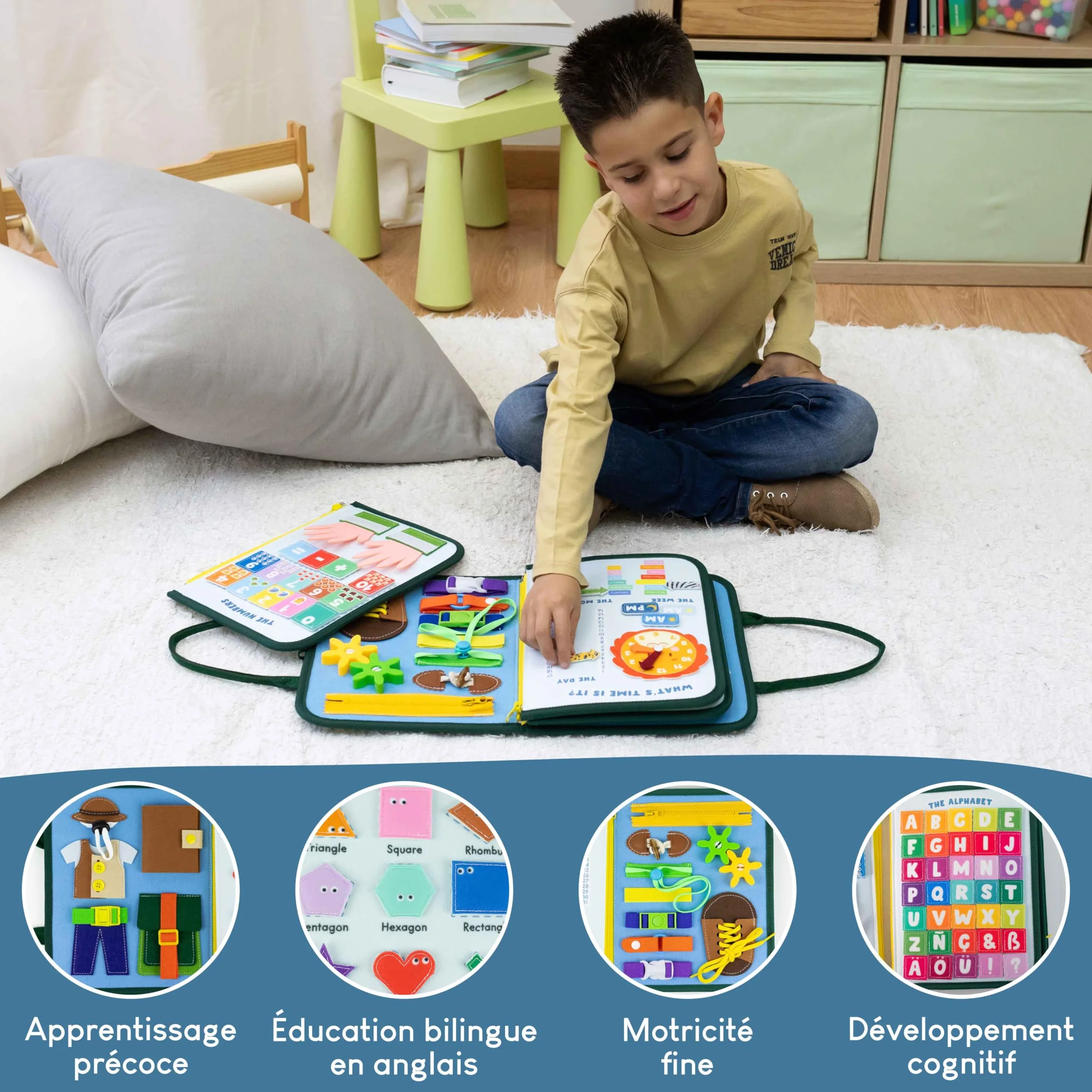 BONNYCO Busy Board Montessori Feutre, Jouet Educatif Motricité Fine, Cadeau Enfant 1-6 Ans