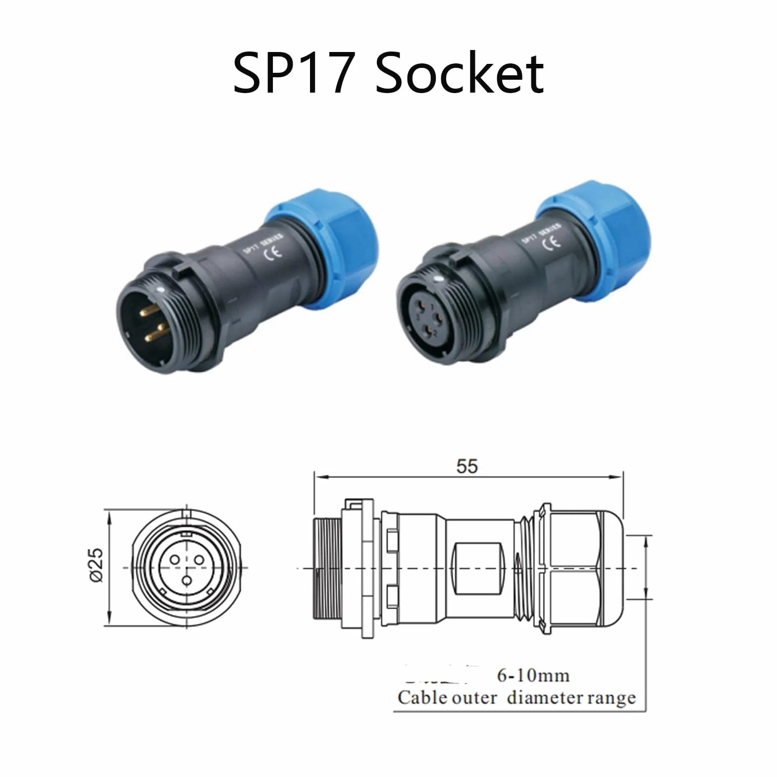 Connecteur Aviation Plug SP17 2 Broches IP68 500V 10A sans Soudure étanche Anti-poussière
