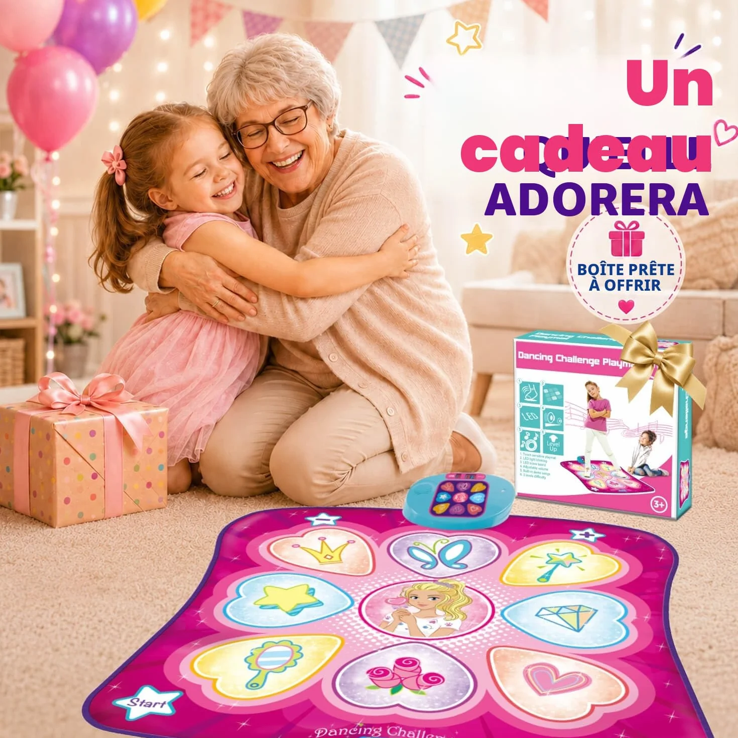 Tapis de Danse avec Lumières LED pour Enfants Filles - Jeu de Danse Cadeau, Volume réglable, Musique intégrée, 3 Niveaux de Défi (3-12 Ans)