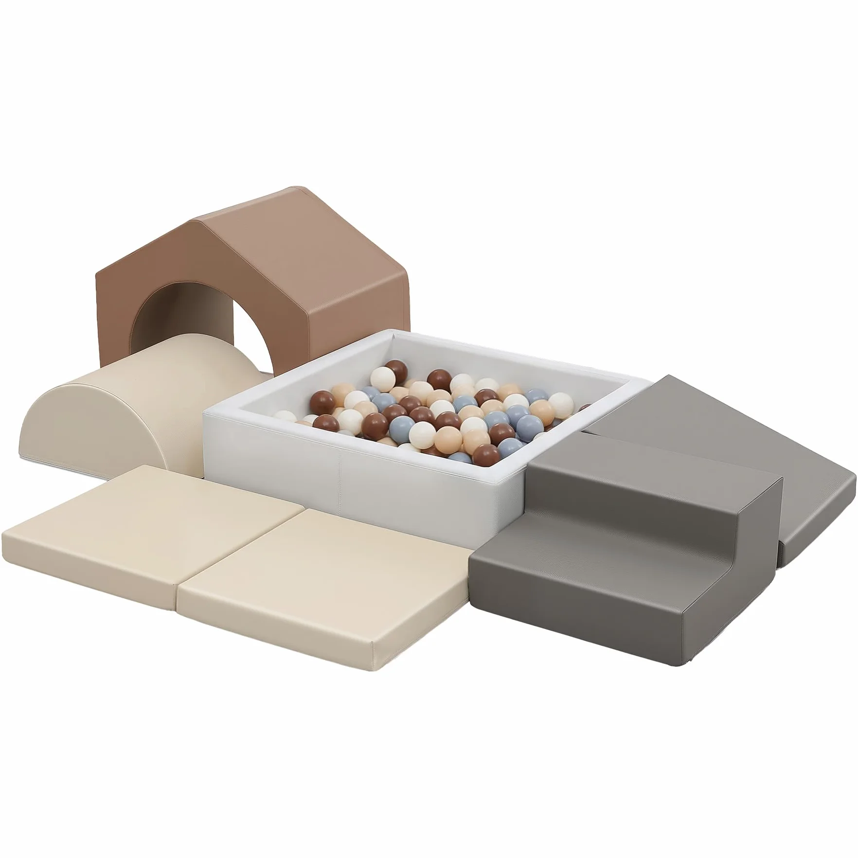 Parcours Motricité Bébé 7 Pièces Cuir PU Blocs Mousse Éducatifs avec Piscine à Balles - Structure d'escalade Antidérapante