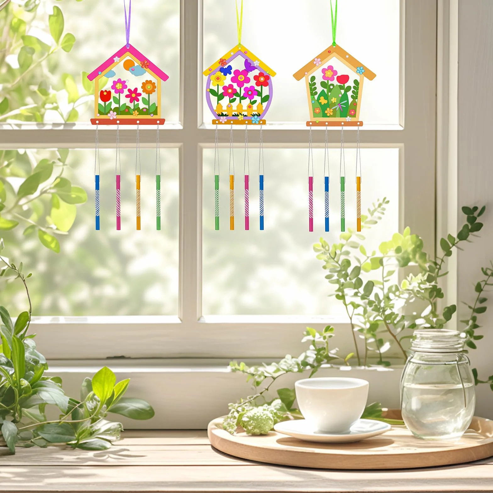 Lot de 12 carillons à vent en bois pour enfants, décoration jardin intérieur extérieur