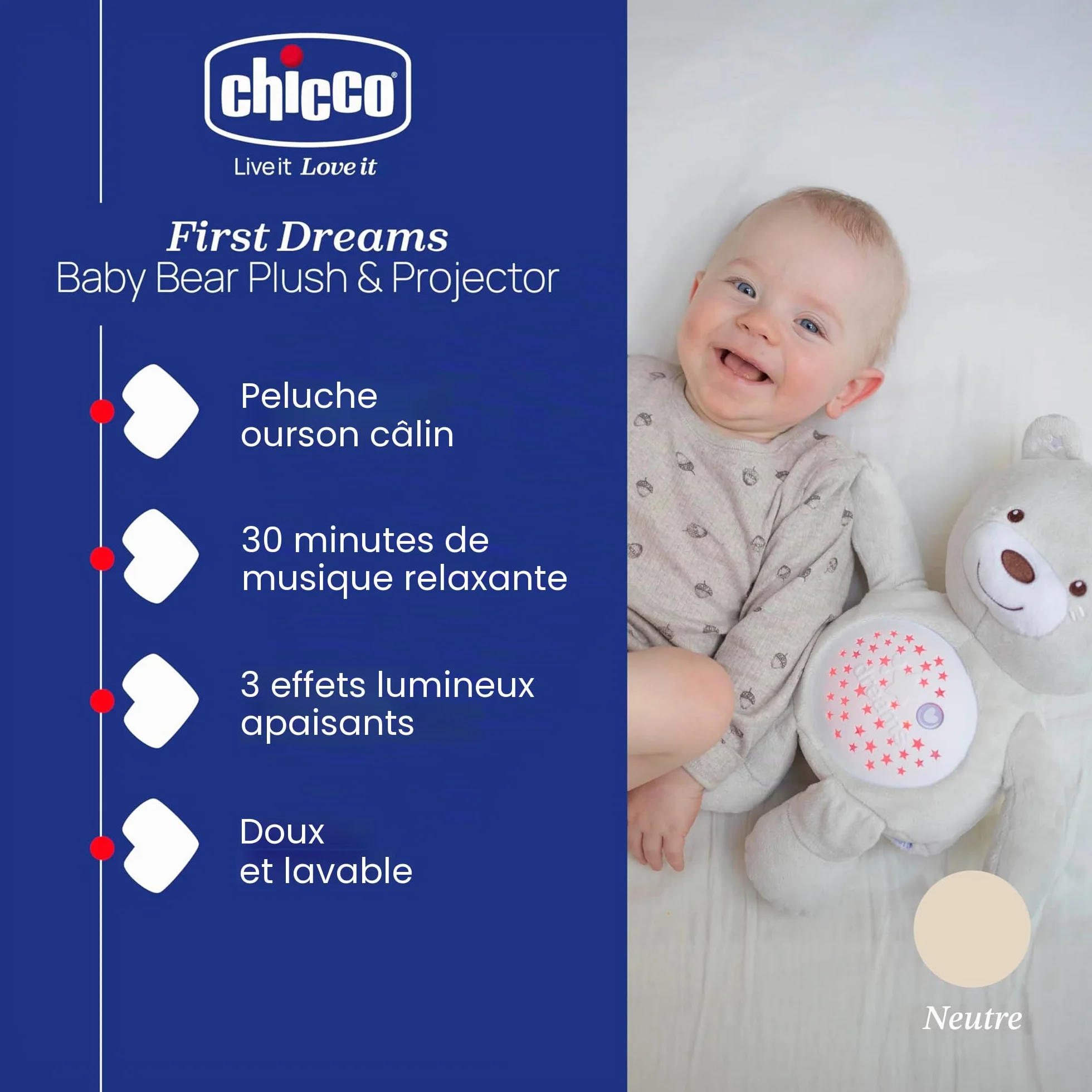 Chicco Ours en peluche Baby Bear First Dreams avec projecteur veilleuse mélodies relaxantes pour bébés 0 mois+