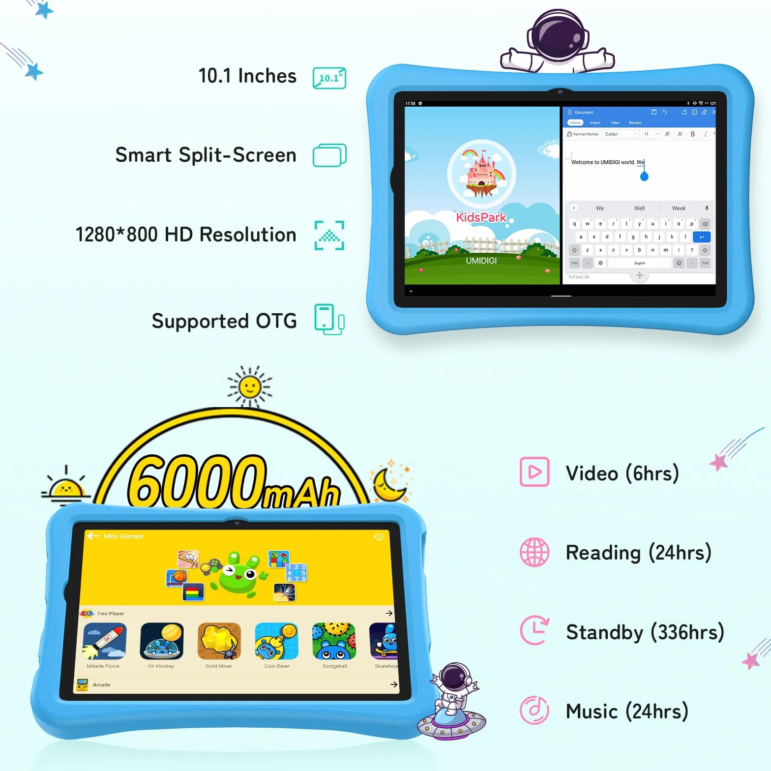 UMIDIGI Tablette pour Enfant 10,1" Android 13, G2 Tablette Enfant à partir de 3 Ans 8 Go (4+4) RAM + 64 Go de ROM/1 to, Protection des Yeux 1280 x 800 HD, WiFi6, 6000 mAh 8 MP + 8 MP avec étui