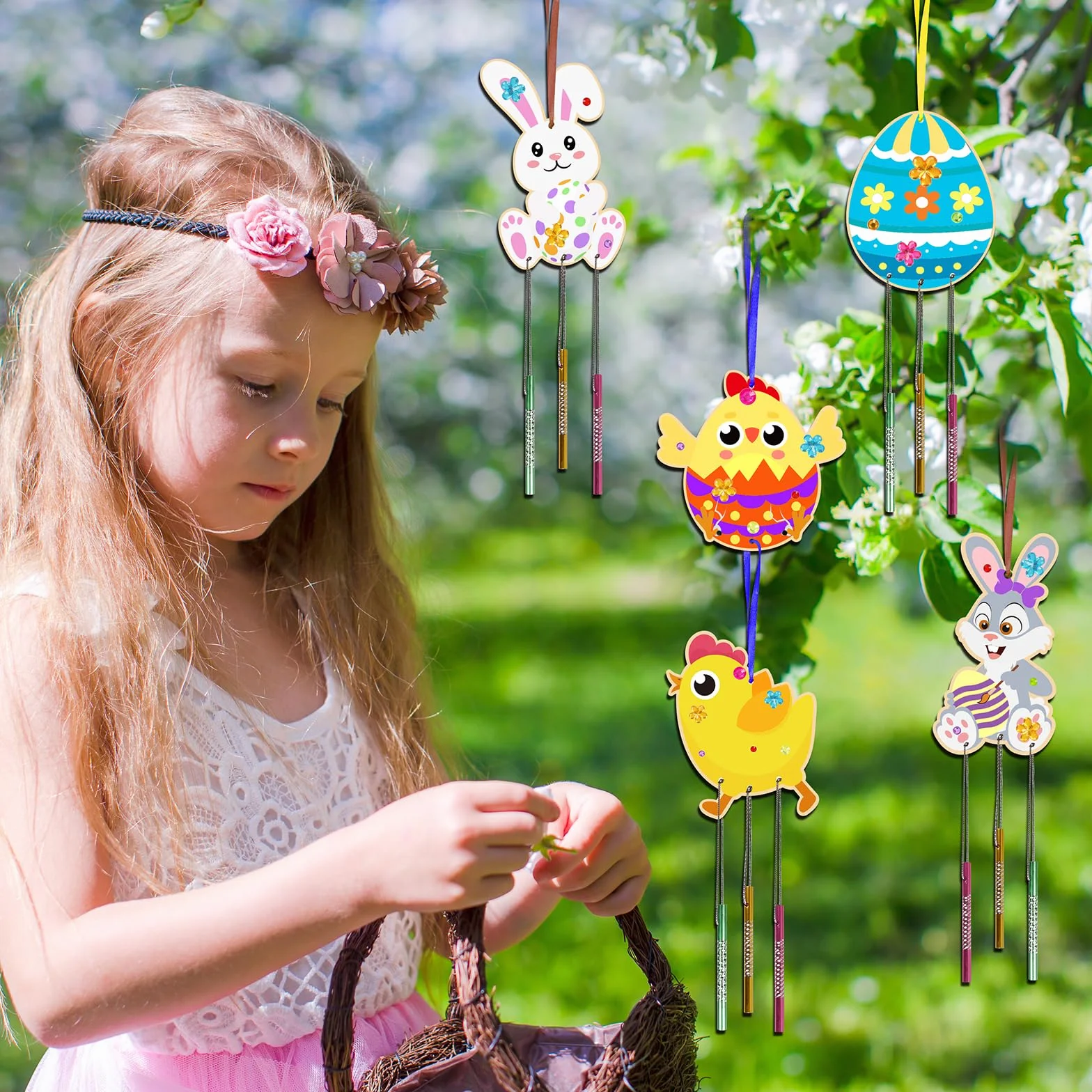 HONMOK Carillon Vent Lapin Poussin Oeuf Panier Gravé en Bois avec Pinceaux Peinture pour Enfants Loisirs Créatifs Pâques DIY
