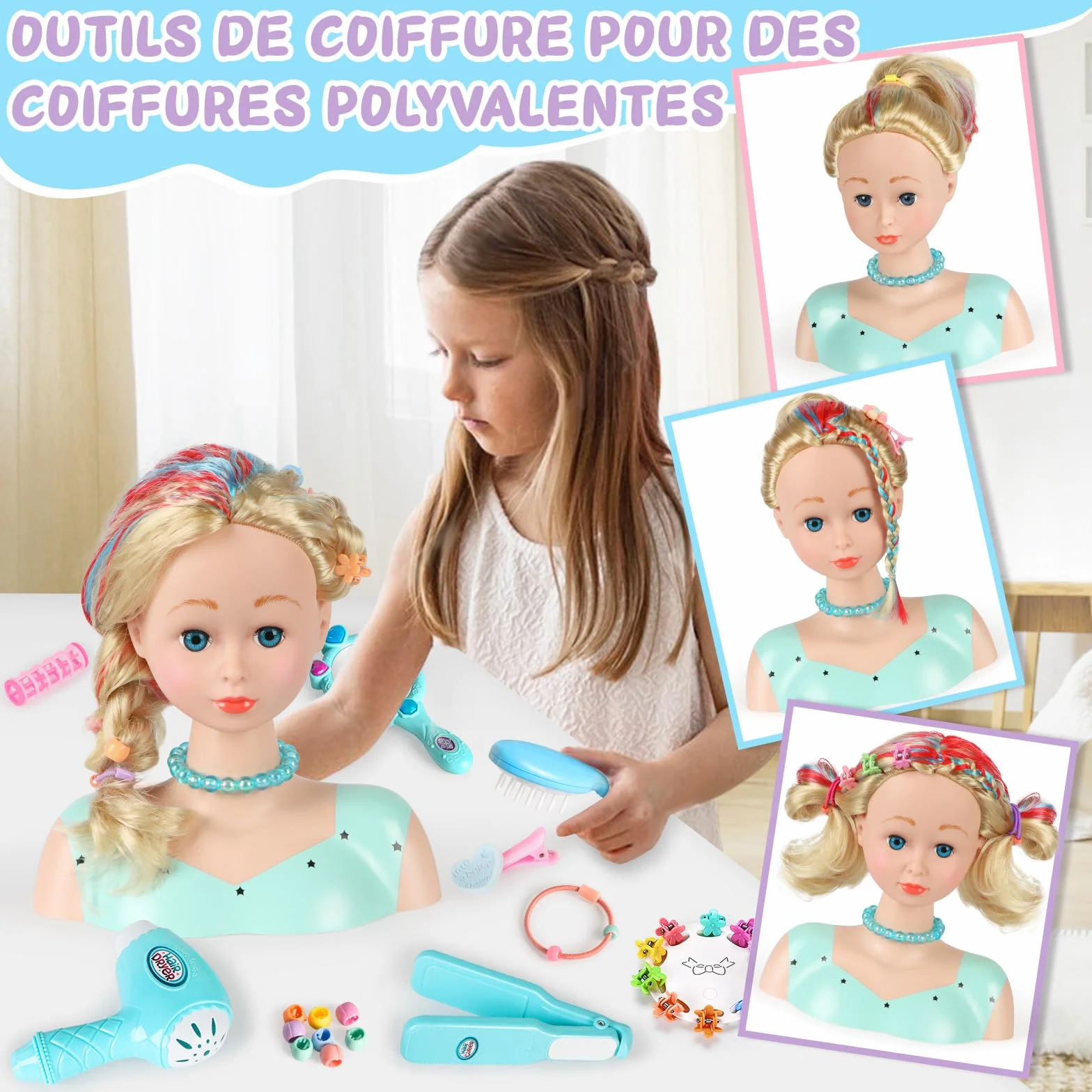 BuzzoXerex Têtes à Coiffer Enfant 58 Pièces Jouet de Maquillage et Coiffure Cadeau Anniversaire Noël 3 Ans Bleu