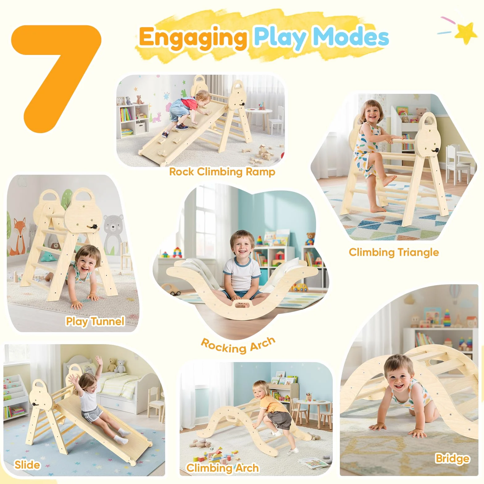 Montessori Triangle Arche 7 en 1, Arche d'escalade et Toboggan en Bois pour Tout-Petits 1-3 Ans