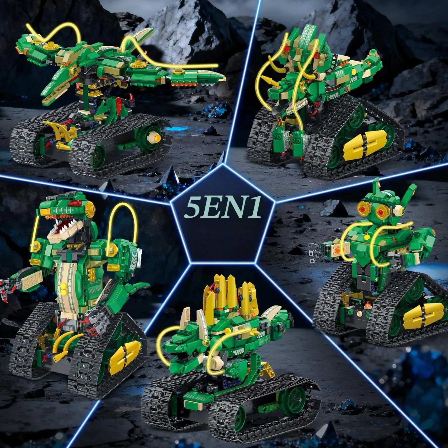HiWEEGO Jouet de Construction Dinosaure Télécommandé 5 en 1 877 Pièces Robot Rechargeable