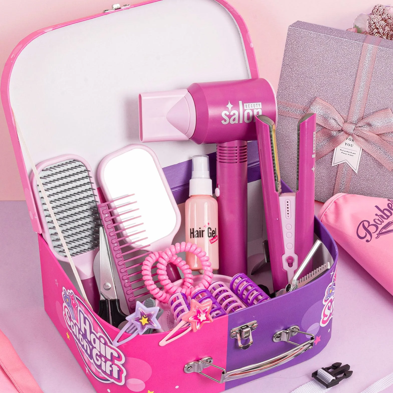Kit Coiffure Enfant Fille Jouet avec Sèche-Cheveux Lisseur Miroir Peigne Ciseaux Tablier Coiffeur Malette Accessoires Coiffure Salon Beauté Jeu Rôle Cadeau 3-7 Ans