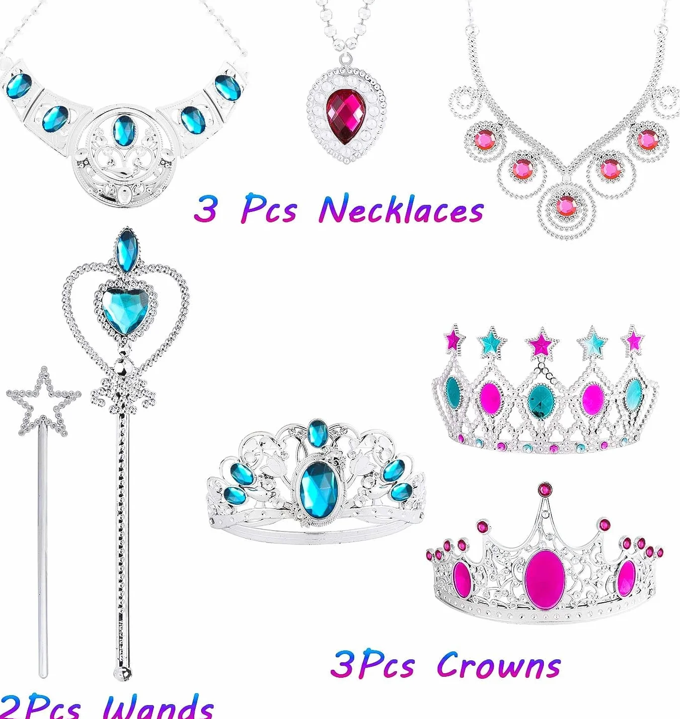 WATINC 46Pcs Princesse Dress Up Accessoires Set Filles Habiller Déguisement Bijoux Diadème Collier Bracelet Baguette Magique Tiara Couronne Bague Boucles d'oreilles Cosplay