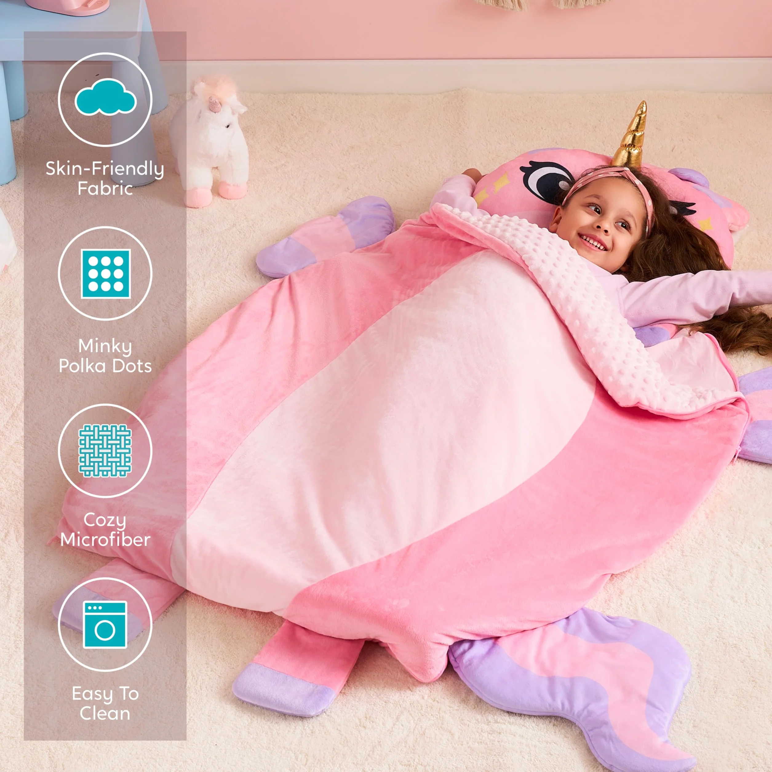JOIEDOMI Tapis de Sieste 152 x 99 cm avec Oreiller et Couverture pour Enfants d'âge Préscolaire 3 Ans et Plus, Sac de Couchage en Peluche Douce