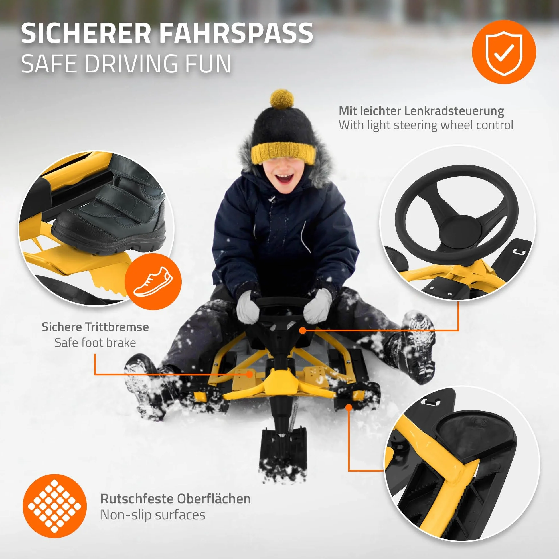 ECD Germany Lenkschlitten, Kinderschlitten Rodel AB 5 Jahre, Skibob für Kinder und Erwachsene BIS 90 kg, Schlitten mit Lenkrad, Fußbremse, Zugseil, Sitz mit Rückenlehne, Stahlrahmen, 119 x 38 x 50 cm