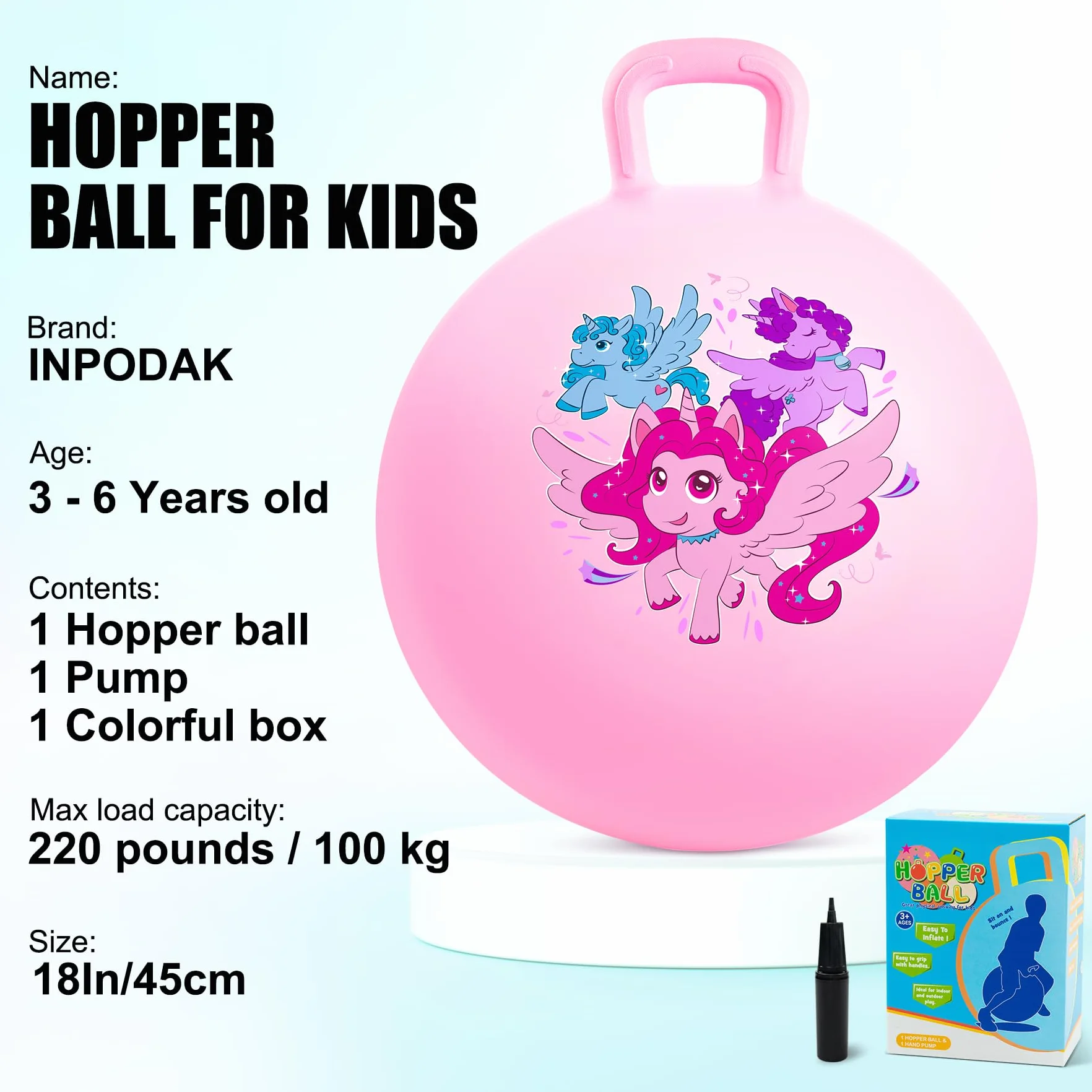 INPODAK Balle Sauteuse 45cm avec Poignée Jouet Sauteur Enfants 3-8 Ans Licorne Rose
