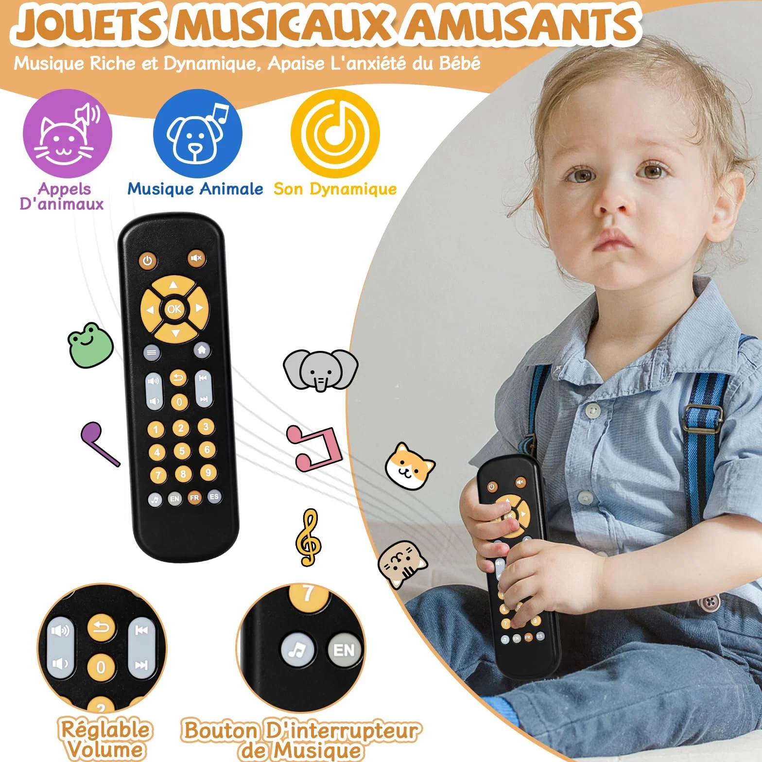 Orzbow Jouet Télécommande TV Bébé, Jouets Musicaux à Volume Réglable, Sensoriel Boutons Multiformes, Cadeau 1 2 Ans