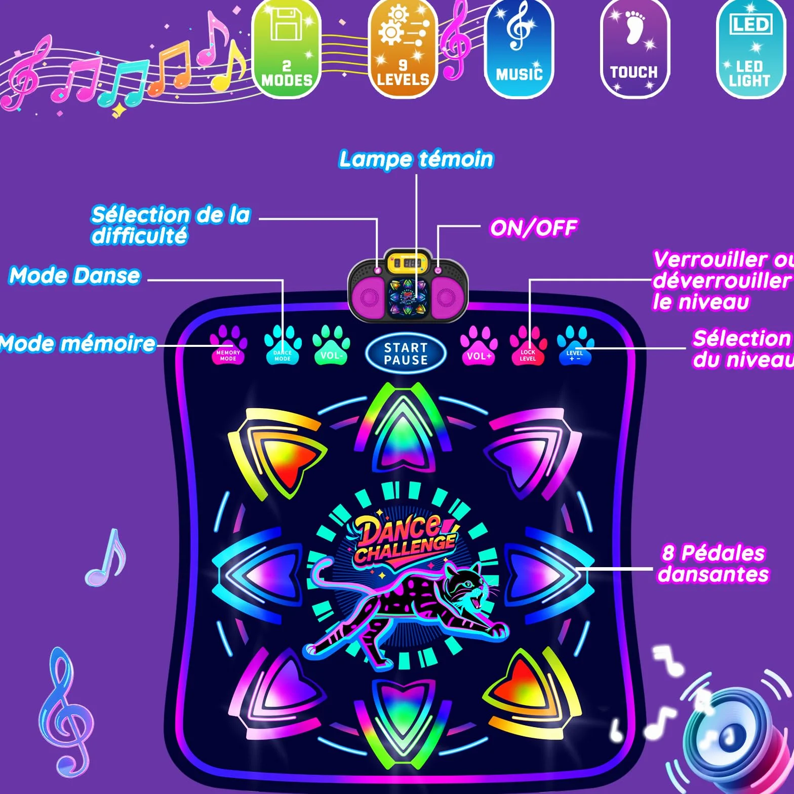 MOMUSE Tapis de Danse pour Enfants 3-8 Ans, Tapis Musical LED, 2 Modes, 9 Niveaux, Cadeau Noël Garçons Filles