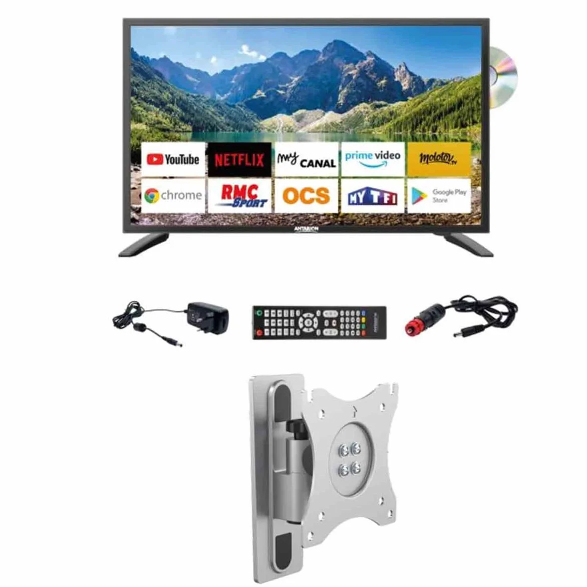 Antarion Pack TV LED 21.5" 54cm Smart Connect Lecteur DVD Intégré Support Camping Car