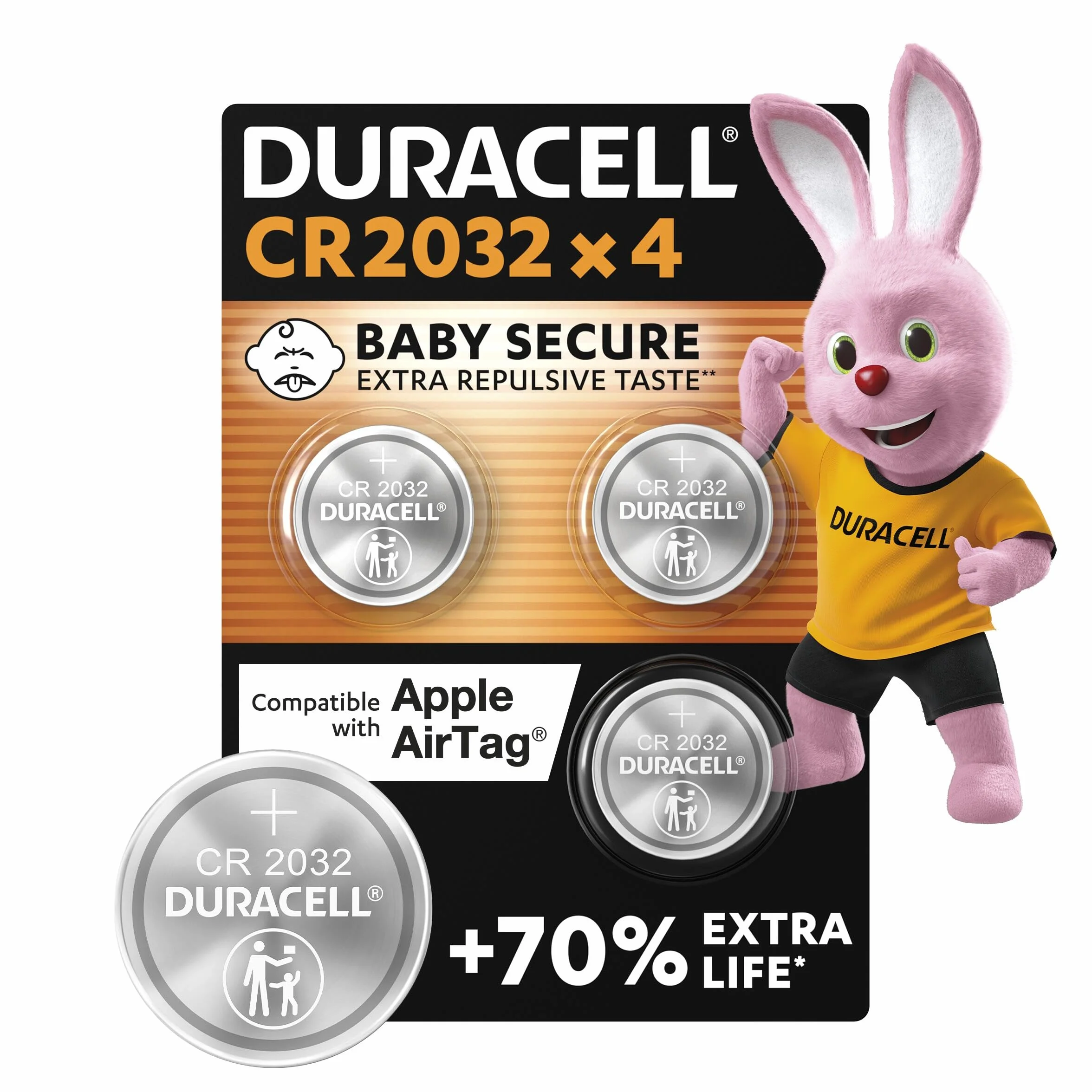 DURACELL CR2032 Piles Boutons au lithium 3V lot de 4 Technologie Sécurité Enfant pour AirTag Apple