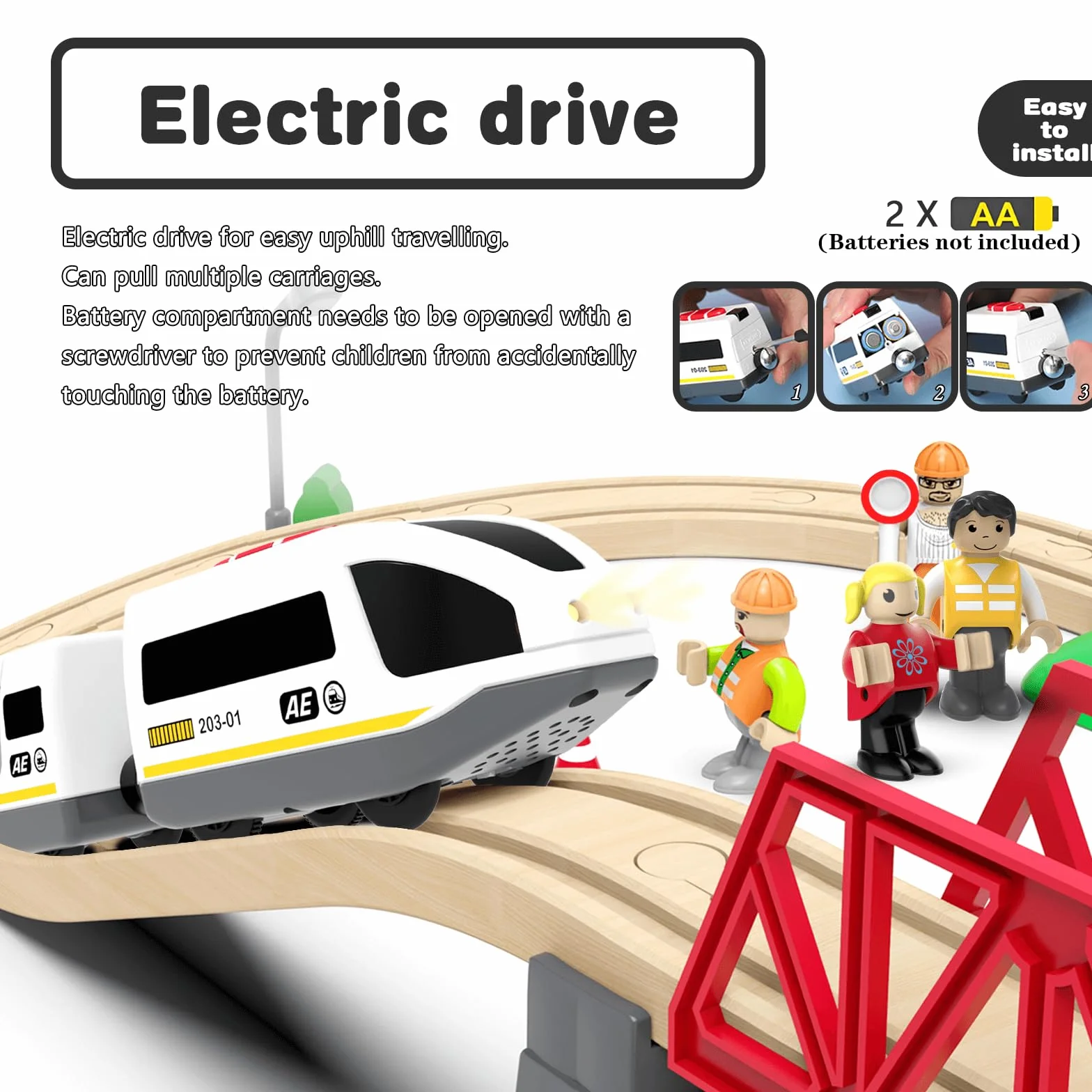 DxxD Train à Piles pour Chemin de Fer en Bois, Jouet Train de Locomotives Son et Lumière, Véhicules Électrique Enfant 3-8 Ans Compatible Brio Thomas