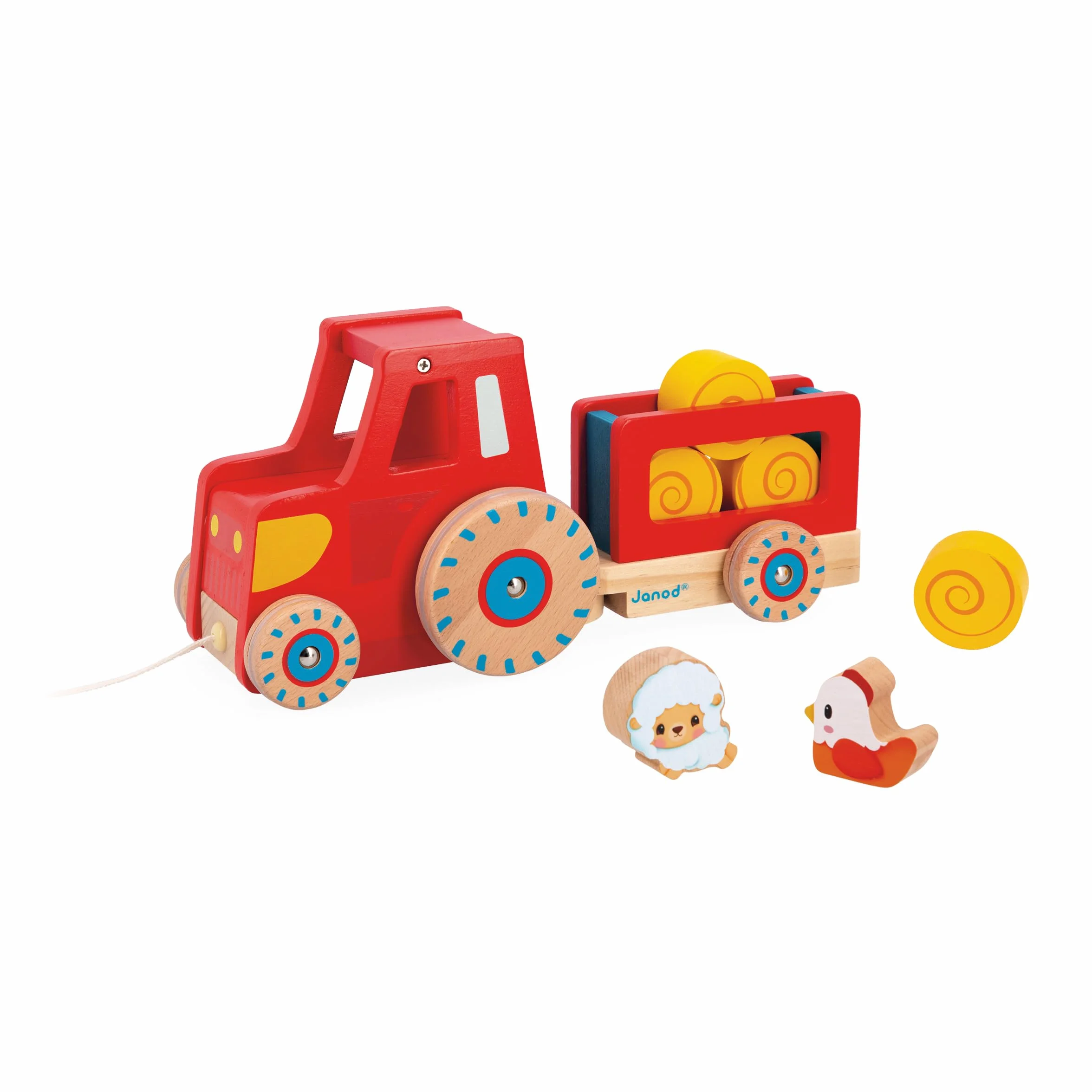 Janod Tracteur à Tirer Jouet d'Éveil 1 Tracteur Enfant 6 Accessoires Roues Silencieuses Bois FSC Dès 12 Mois