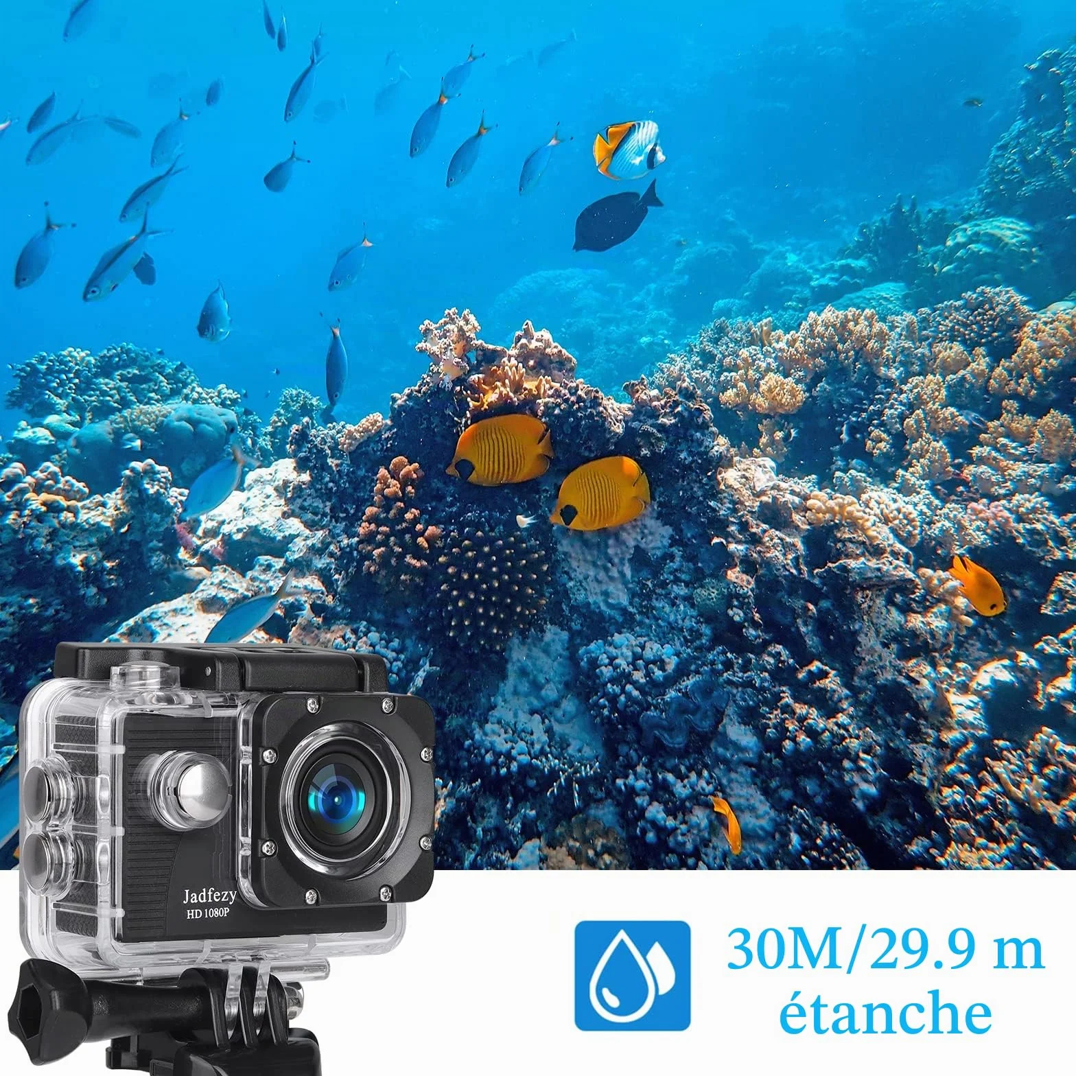 Caméra Sport 1080P FHD Étanche 30M Grand Angle avec Deux Piles Rechargeables 900 mAh et Kit d'Accessoires