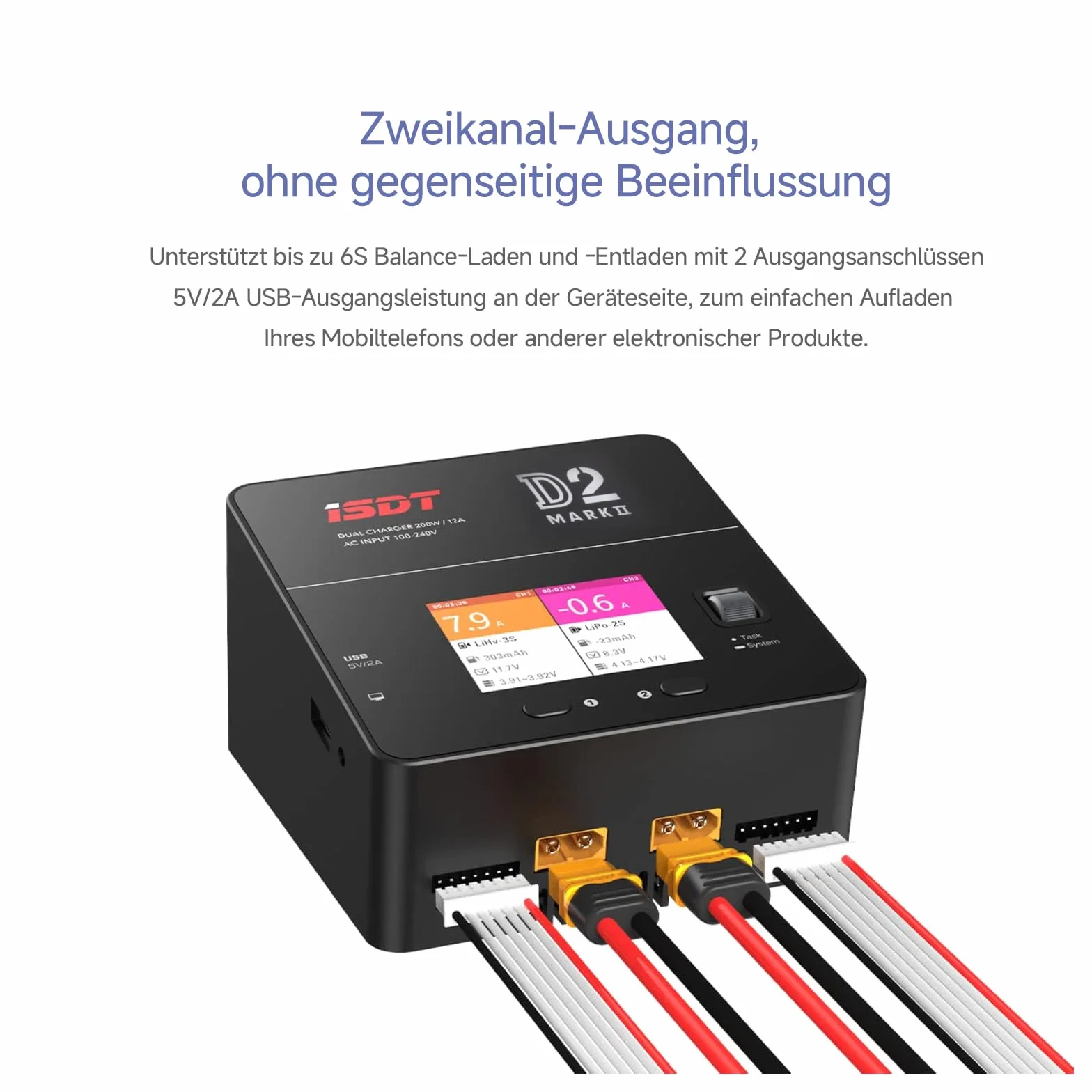 ISDT D2 Mark 2 Lipo chargeur de batterie équilibreur déchargeur, AC double canal 200W chargeur intelligent pour LiHv/LiPo/Life/Lilon (1-6S) NiMH/CD(1-16S) Pb(1-12S) batteries