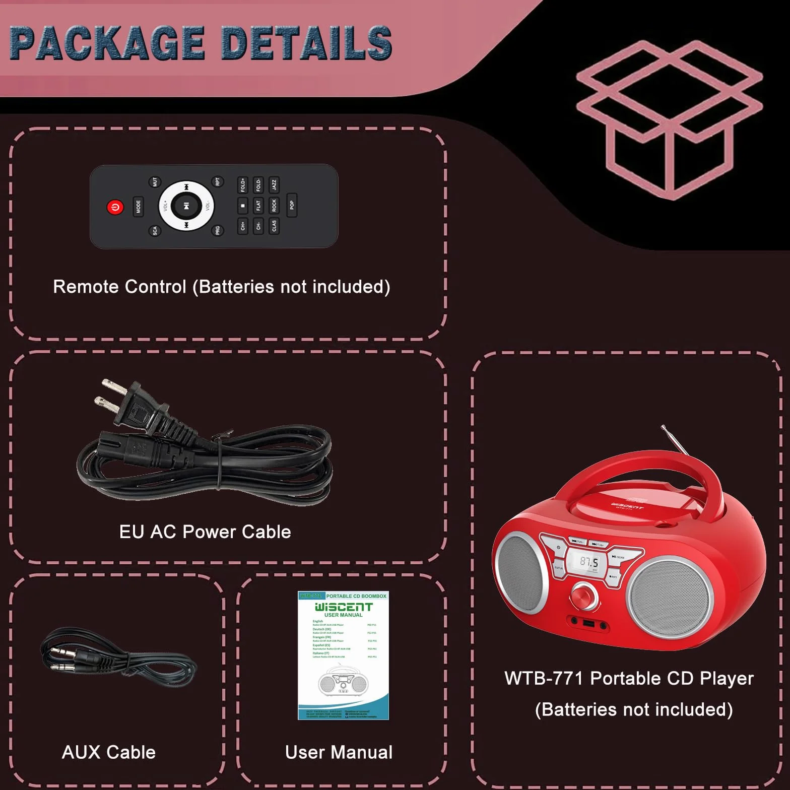 Lecteur CD Bluetooth Radio FM Stéréo Portable avec USB AUX MP3 CD-R