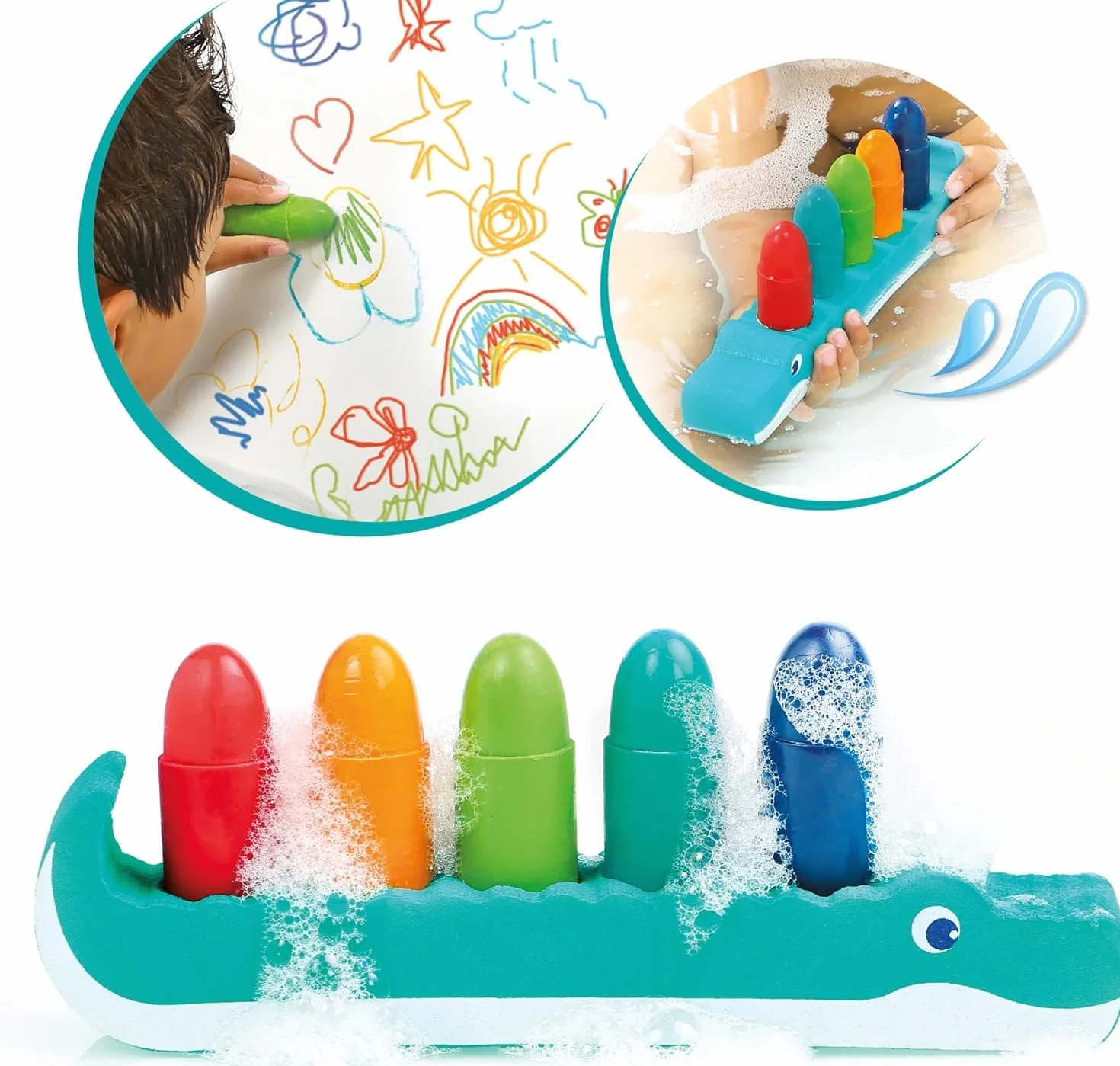 Crayons pour le Bain Effaçables Résistants à l'Eau 5 Crayons Support Crocodile Mousse Dès 10 Mois