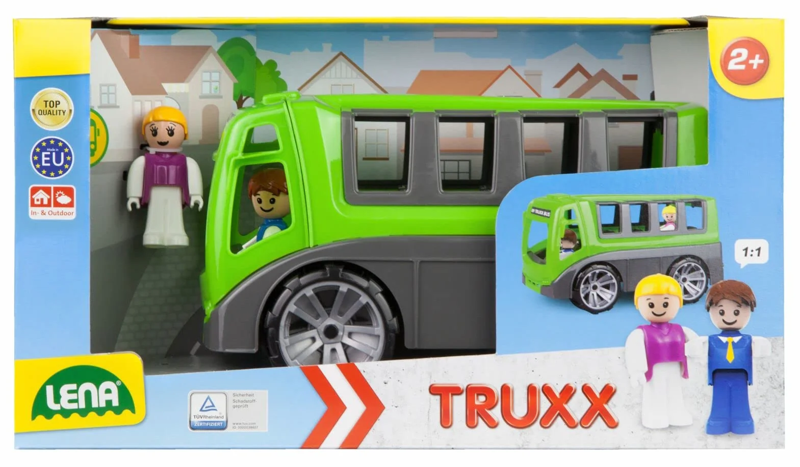 LENA TRUXX Bus, Véhicule de Jeu 27 cm, Set avec Autocar Robuste et 2 Figurines Mobiles, pour Enfants dès 2 Ans, Vert/Gris